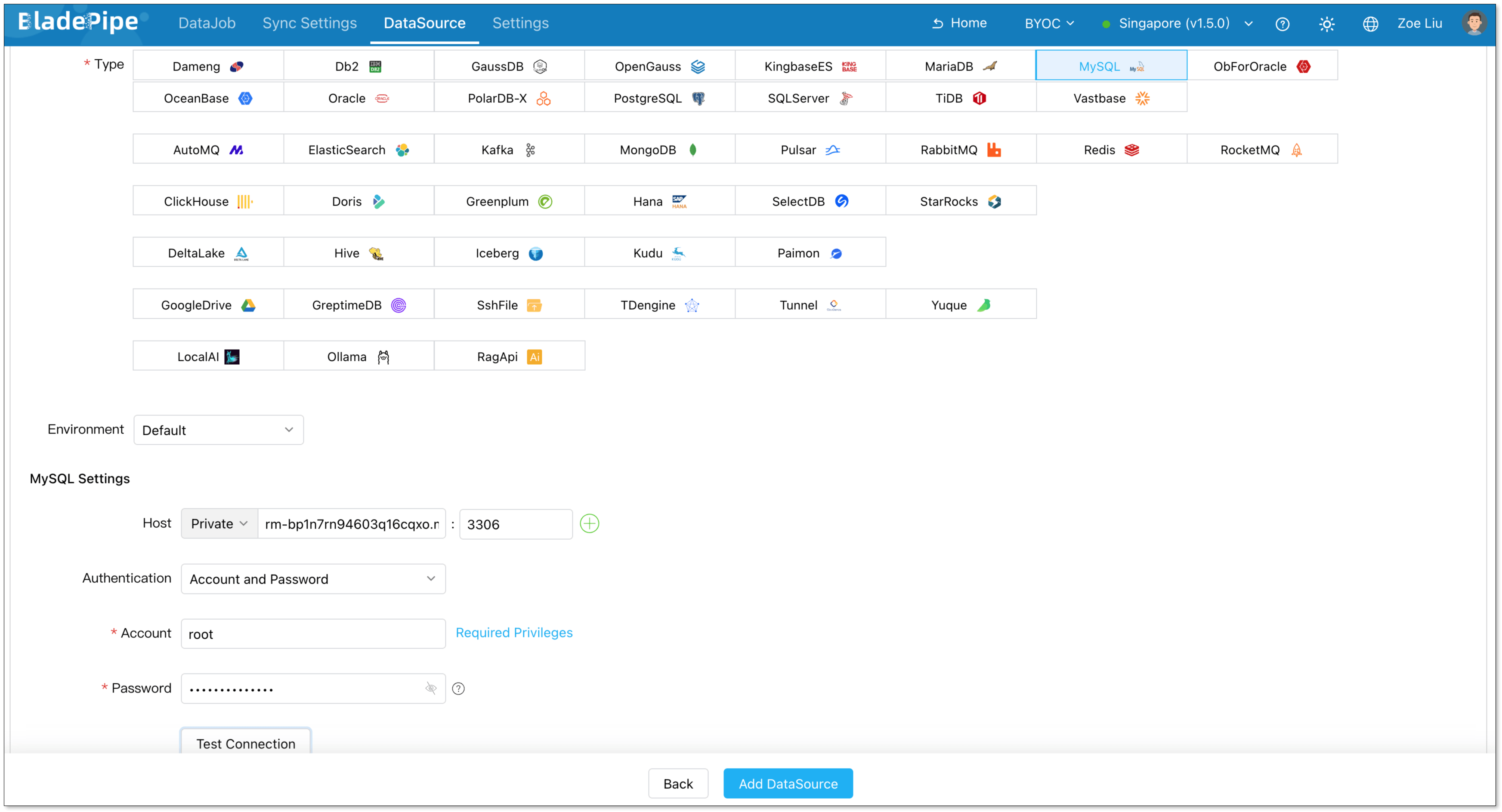 Add Self-Managed DataSource MySQL