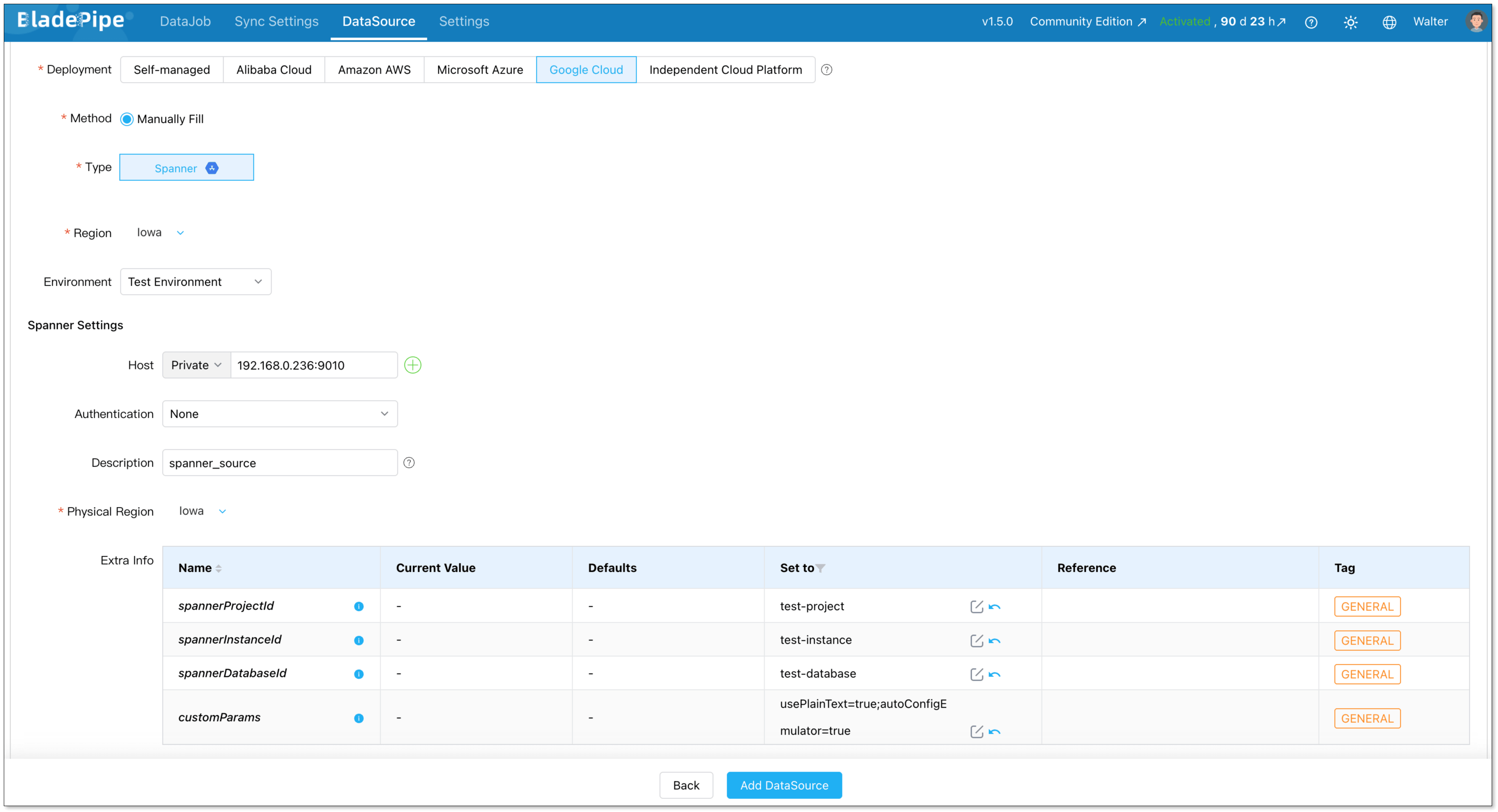 BladePipe data source configuration for Google Spanner