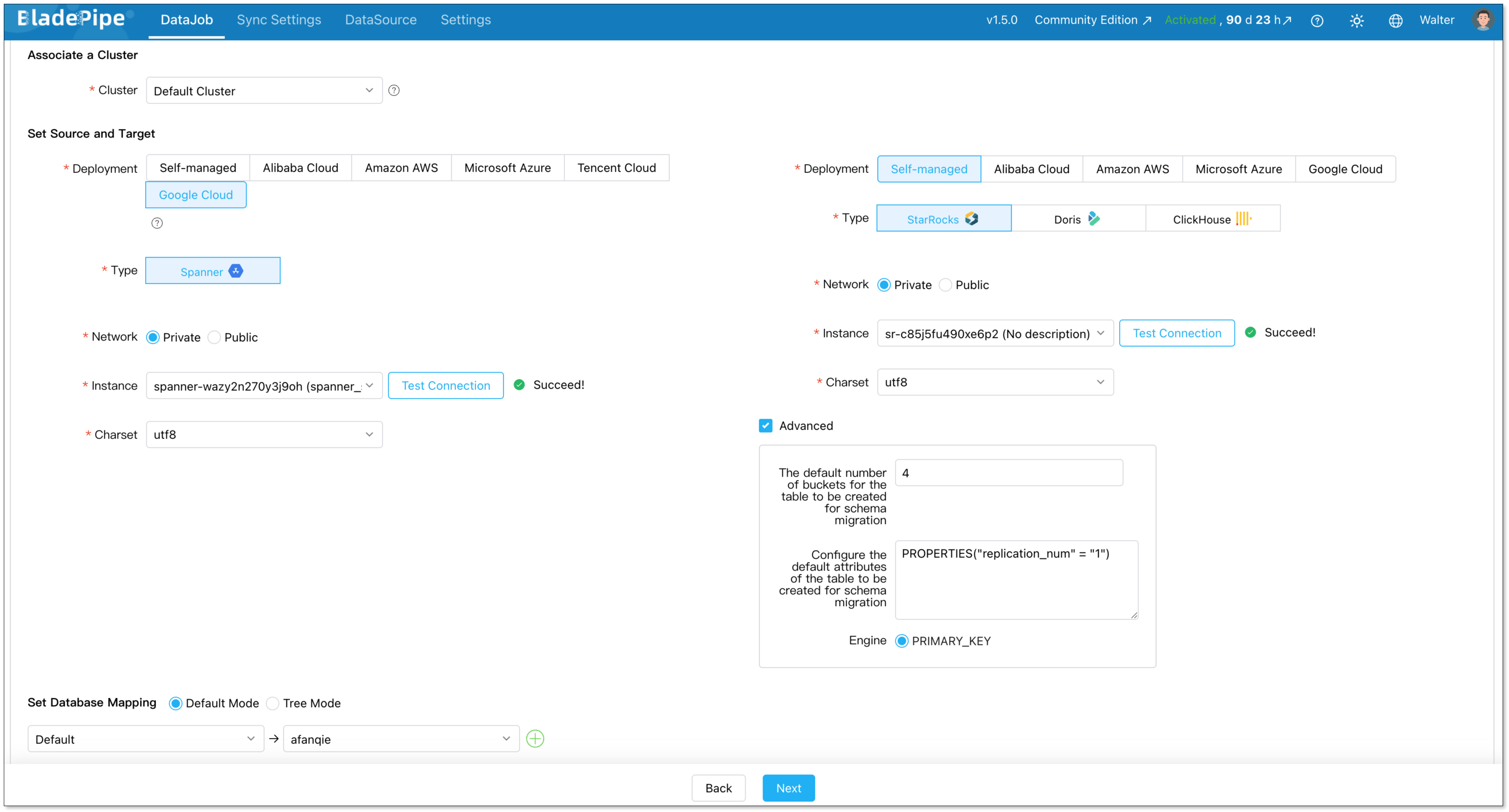 BladePipe pipeline creation — source and target configuration