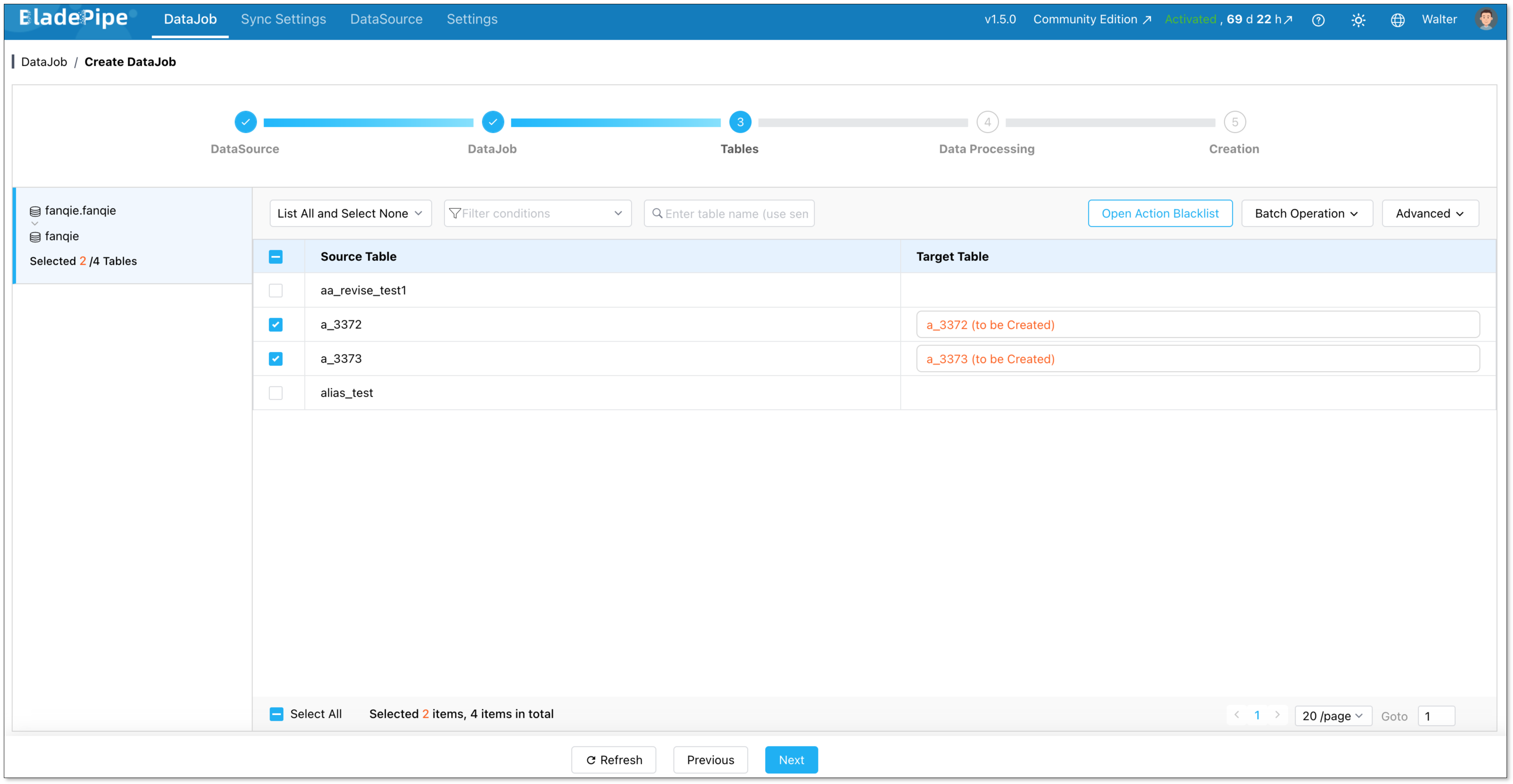 select tables to sync