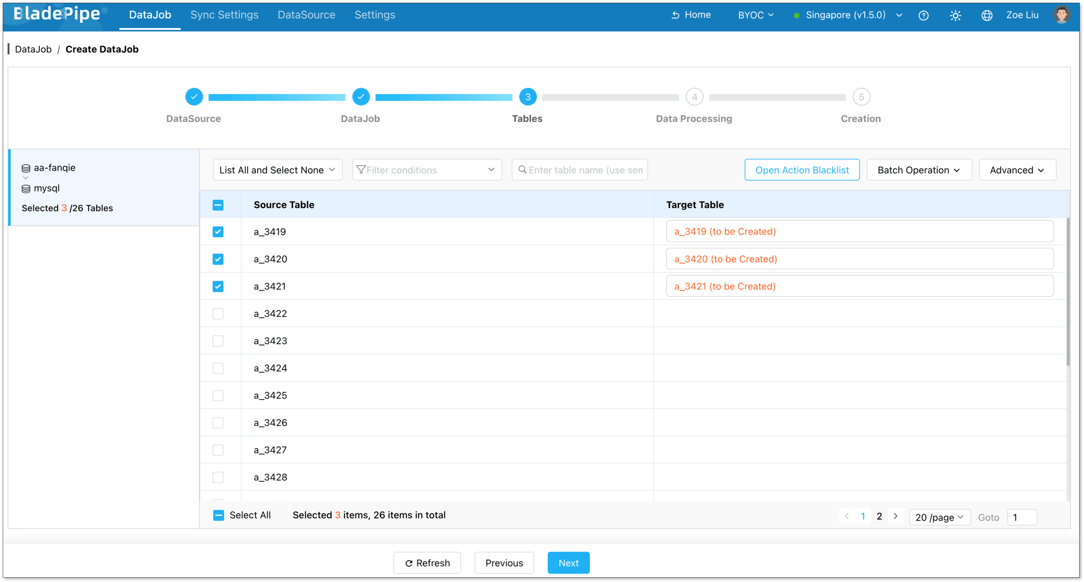 Select Tables for Database Replication