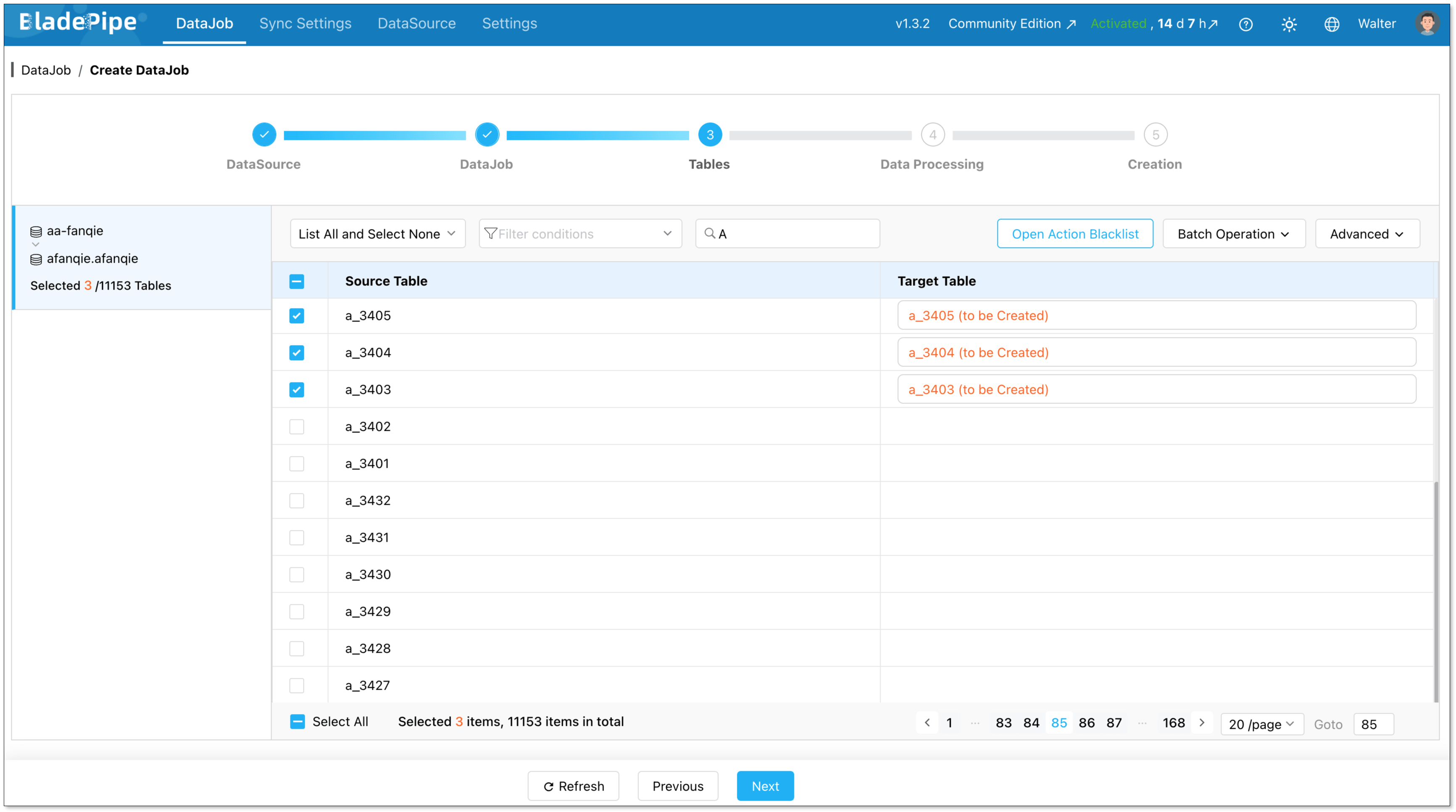 Select Tables for Database Synchronization