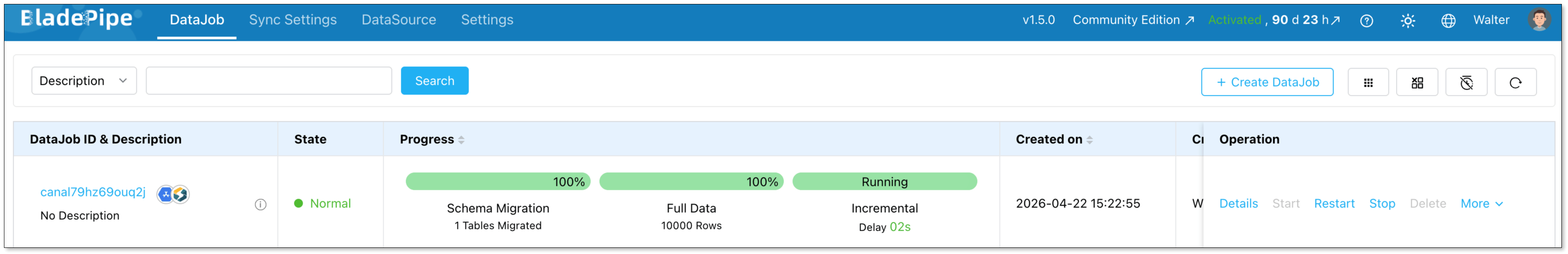 BladePipe task running — showing 100% full load complete and incremental sync active with 2-second lag