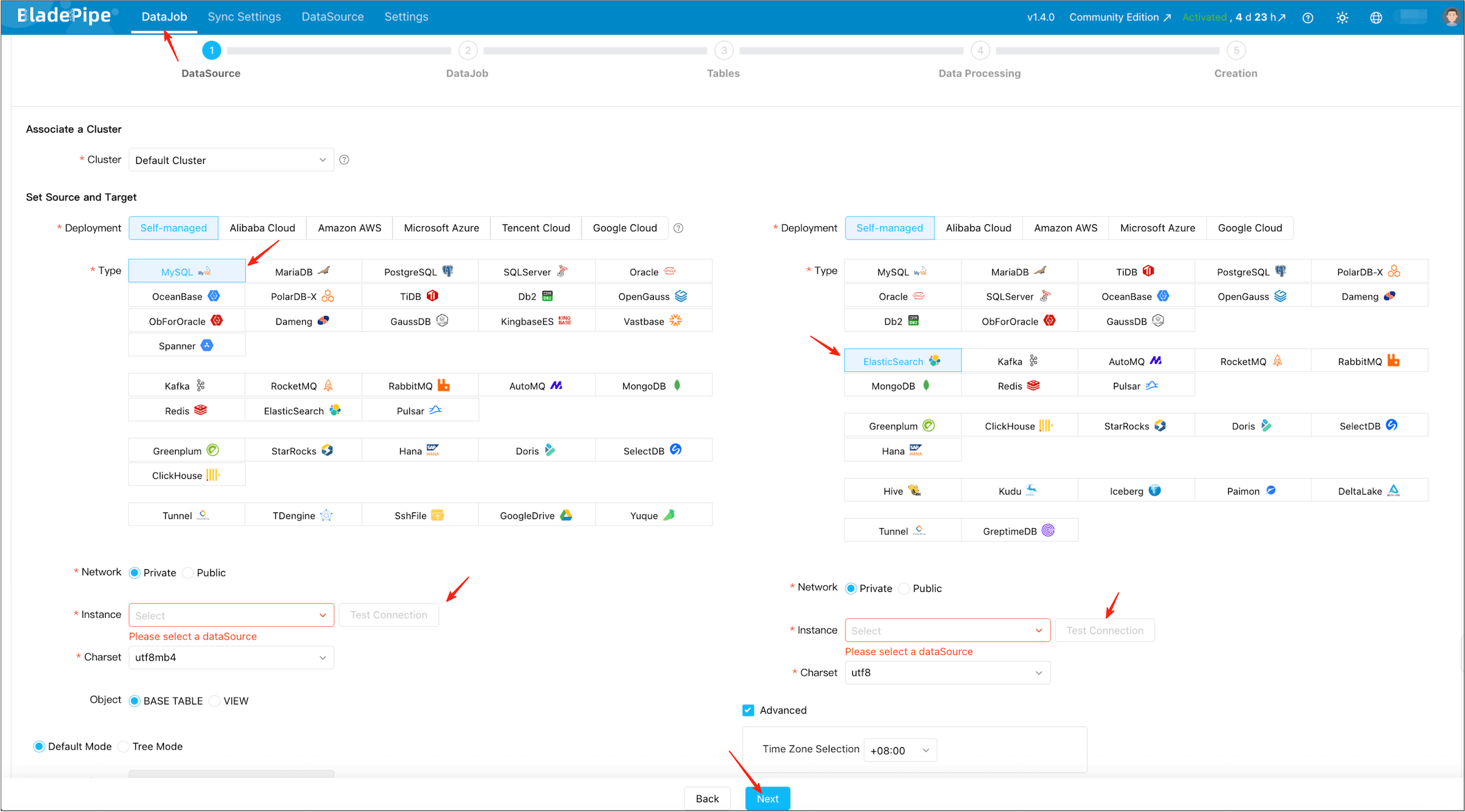 Select MySQL as source and Elasticsearch as target
