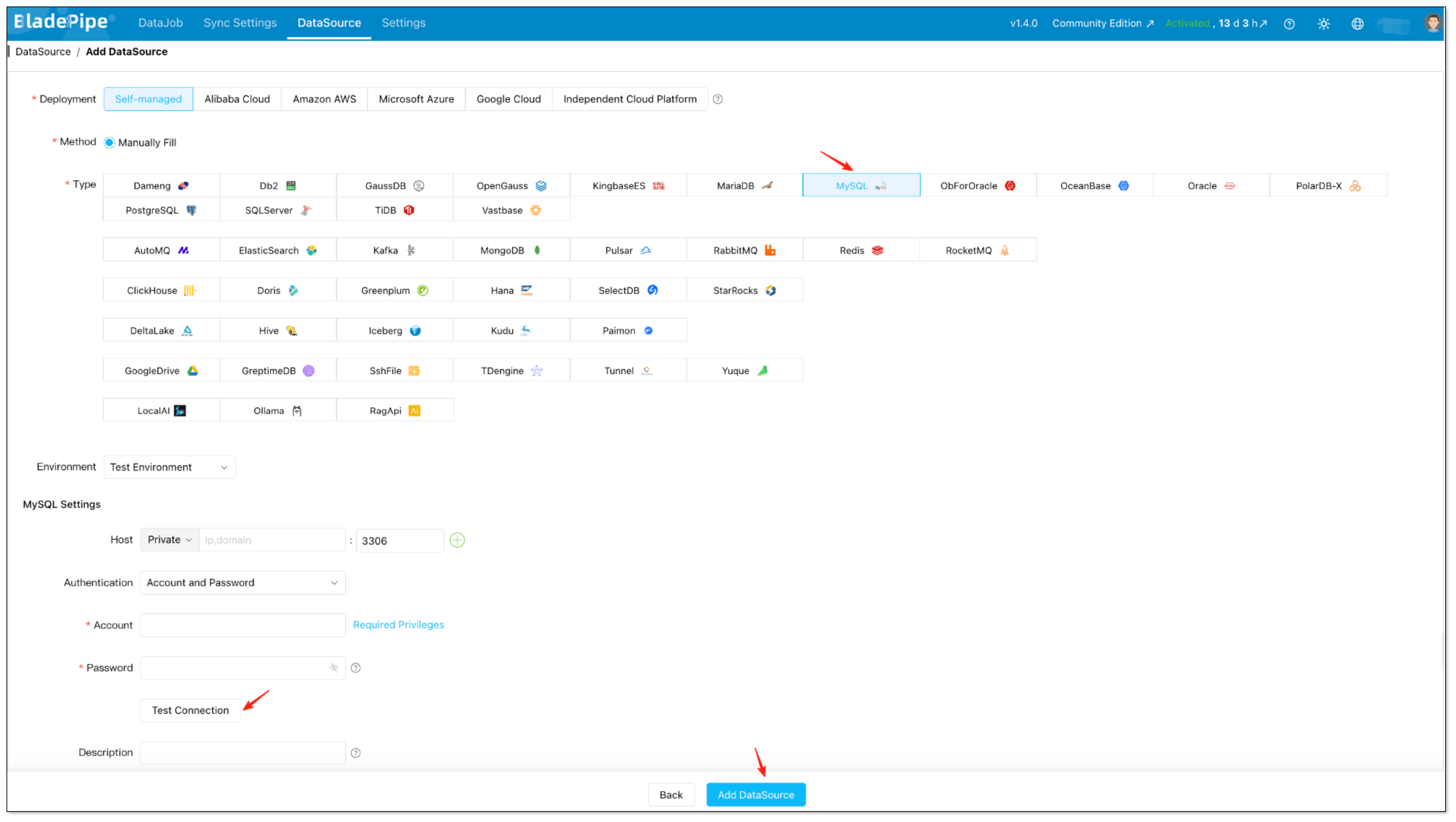 Configure MySQL as the source data source in BladePipe