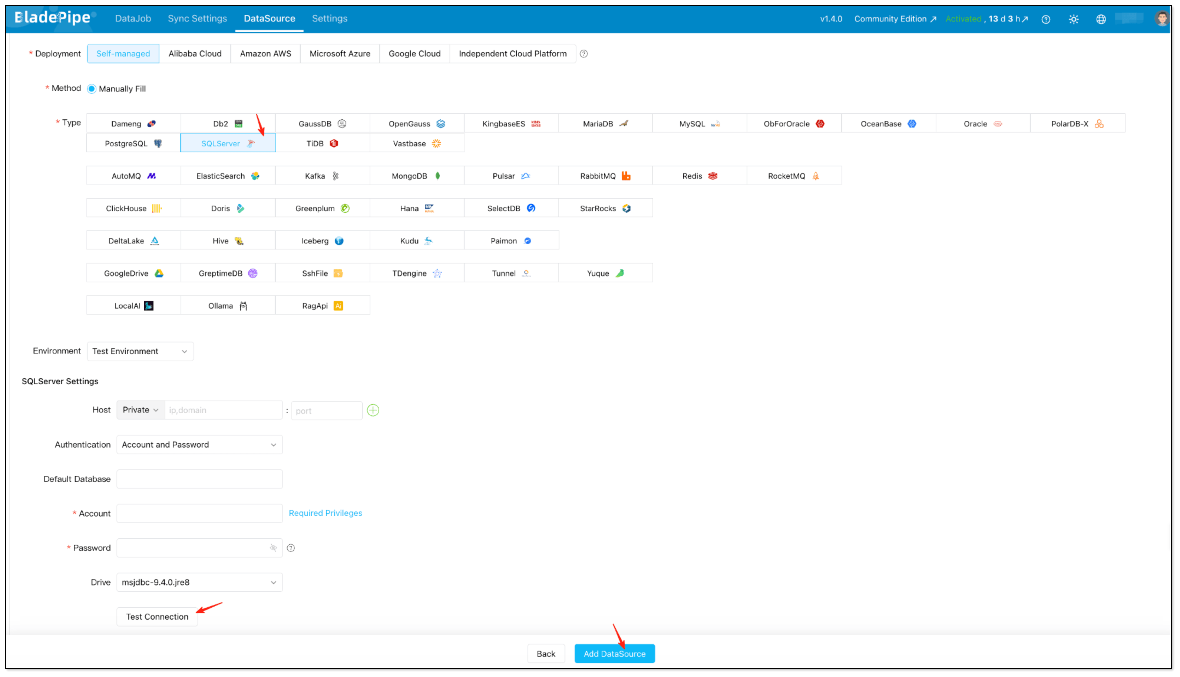 Configure SQL Server as the target data source in BladePipe