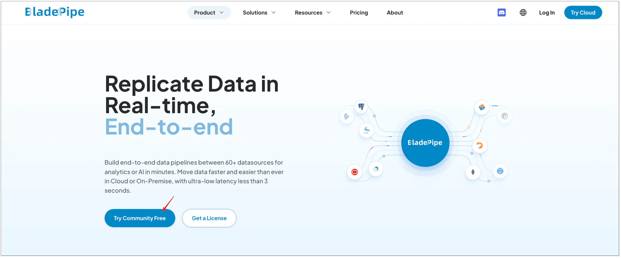 BladePipe homepage showing the “Try Community Free” entry