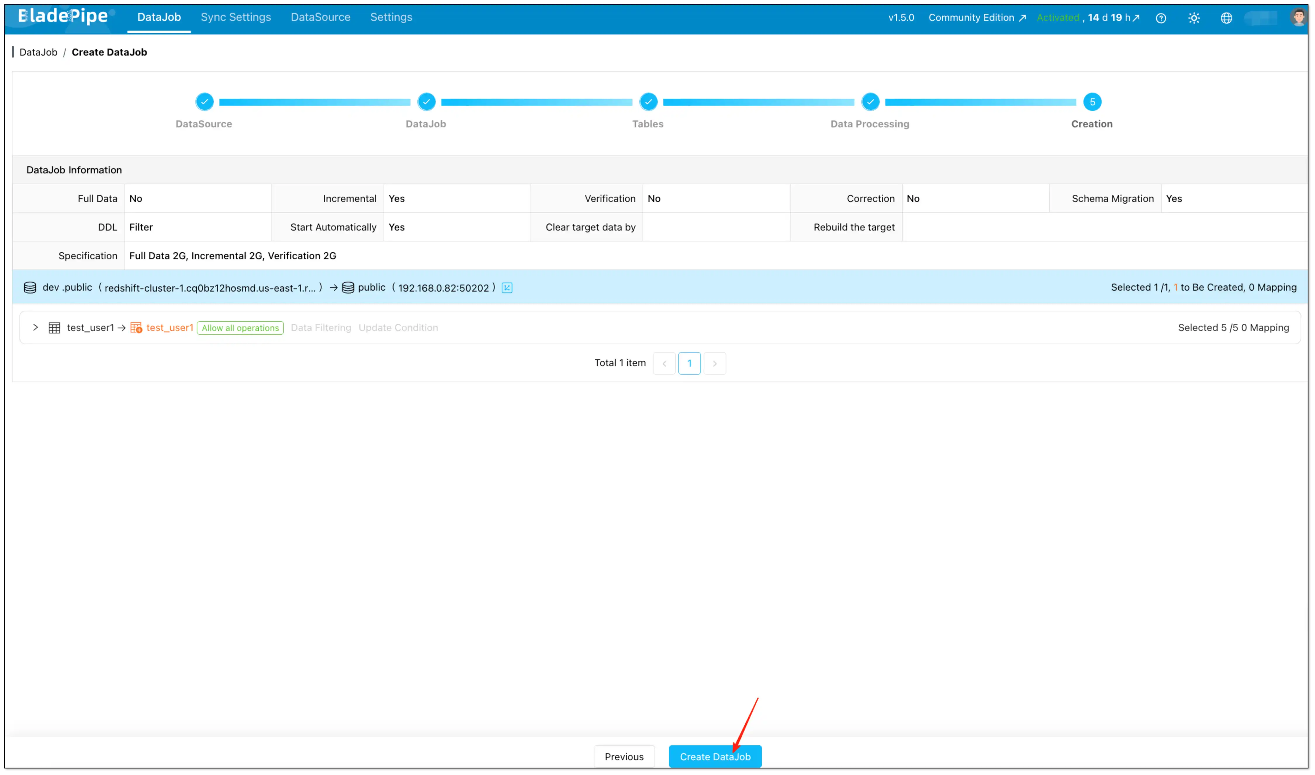 Confirm and create the Redshift to MySQL Scheduled Scan DataJob