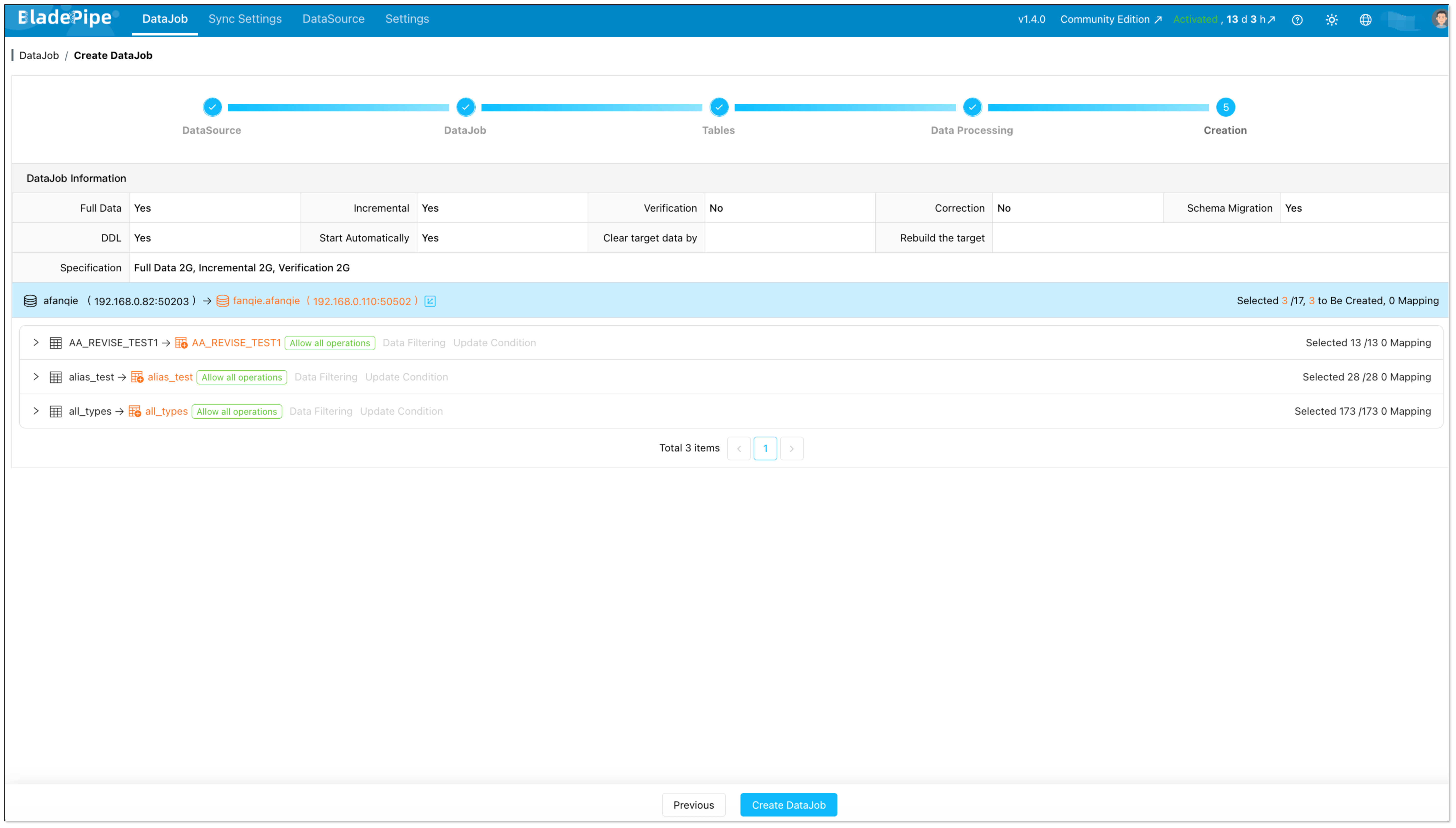 Review the settings and create the BladePipe DataJob