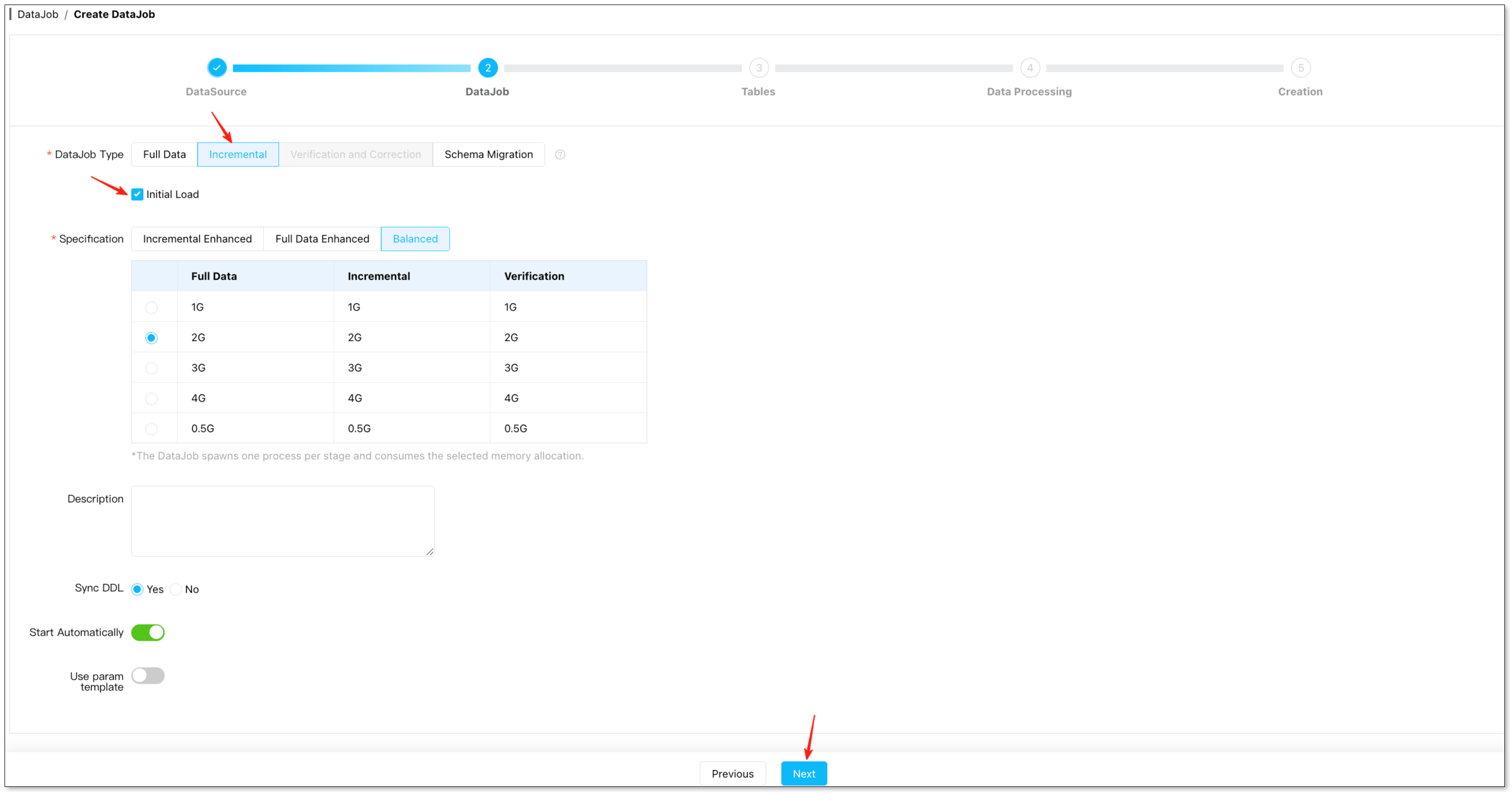 DataJob type settings: select Incremental and enable Initial Load