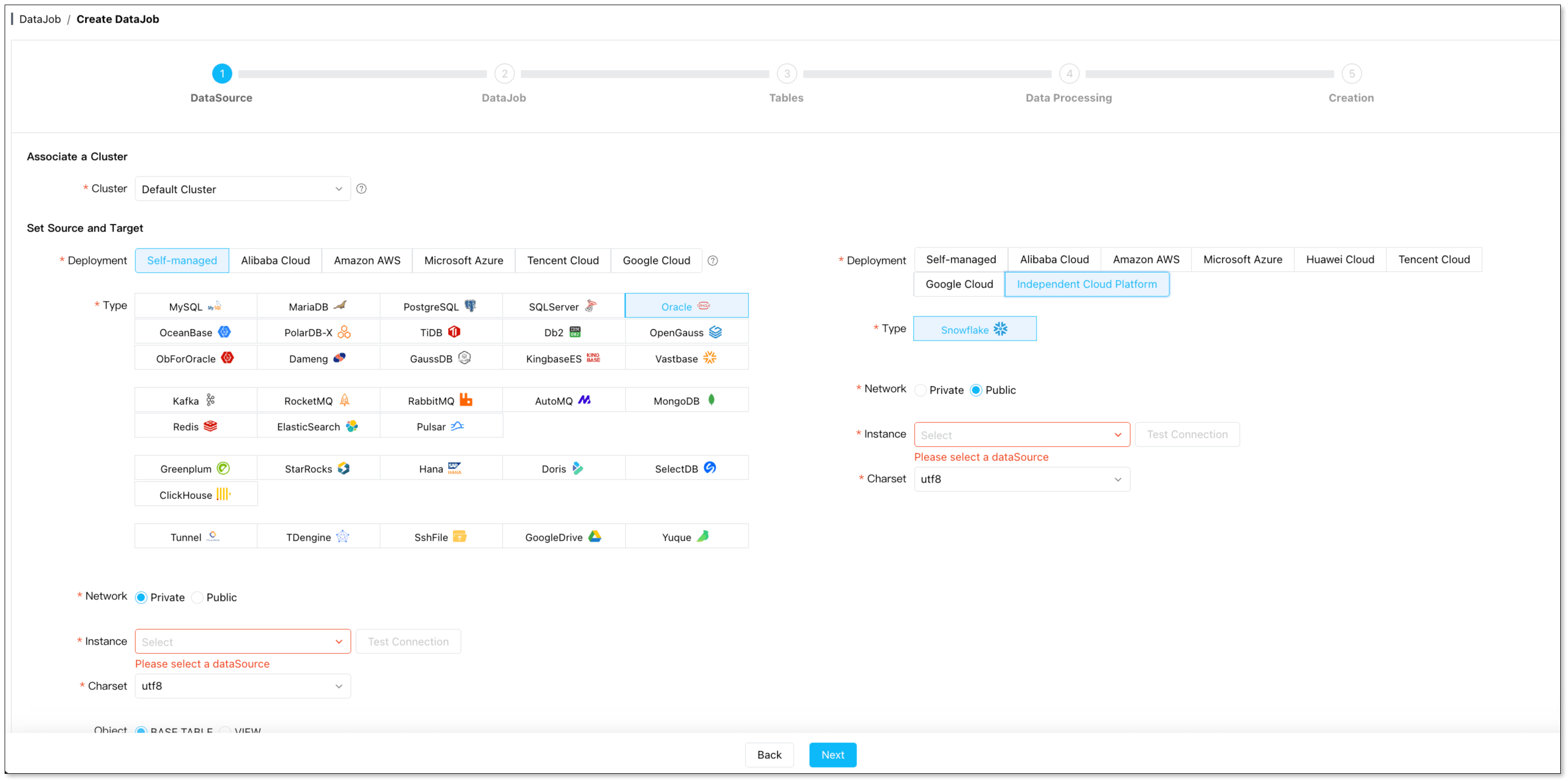Create a DataJob: choose Oracle as source and Snowflake as target