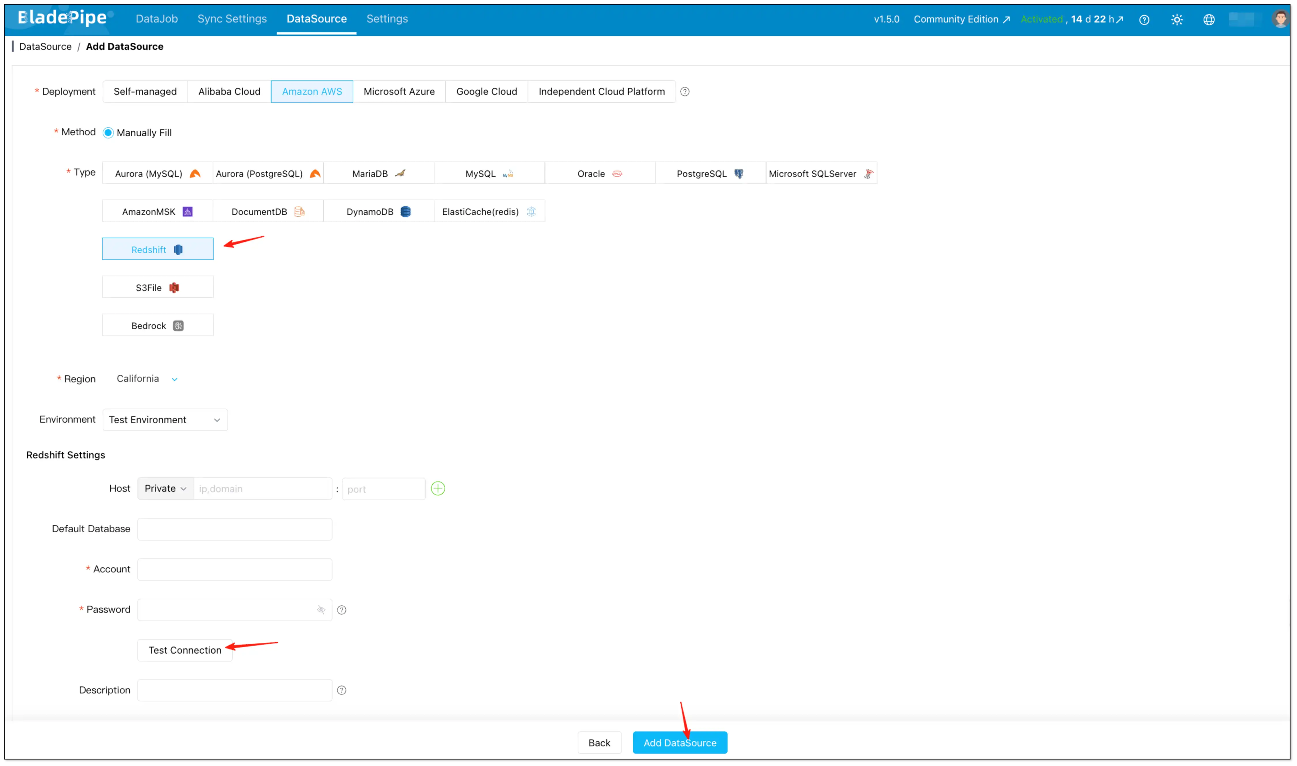 Add Amazon Redshift as a DataSource in BladePipe