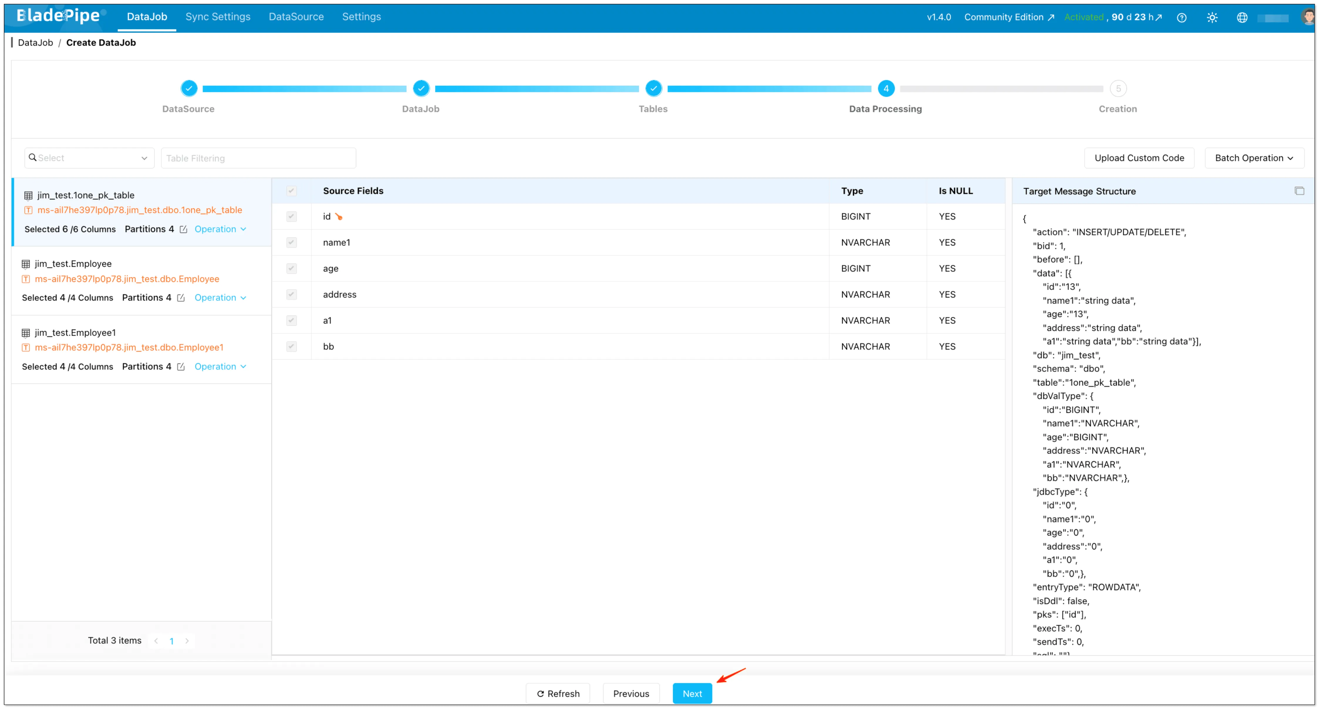 BladePipe UI: select columns and configure primary key