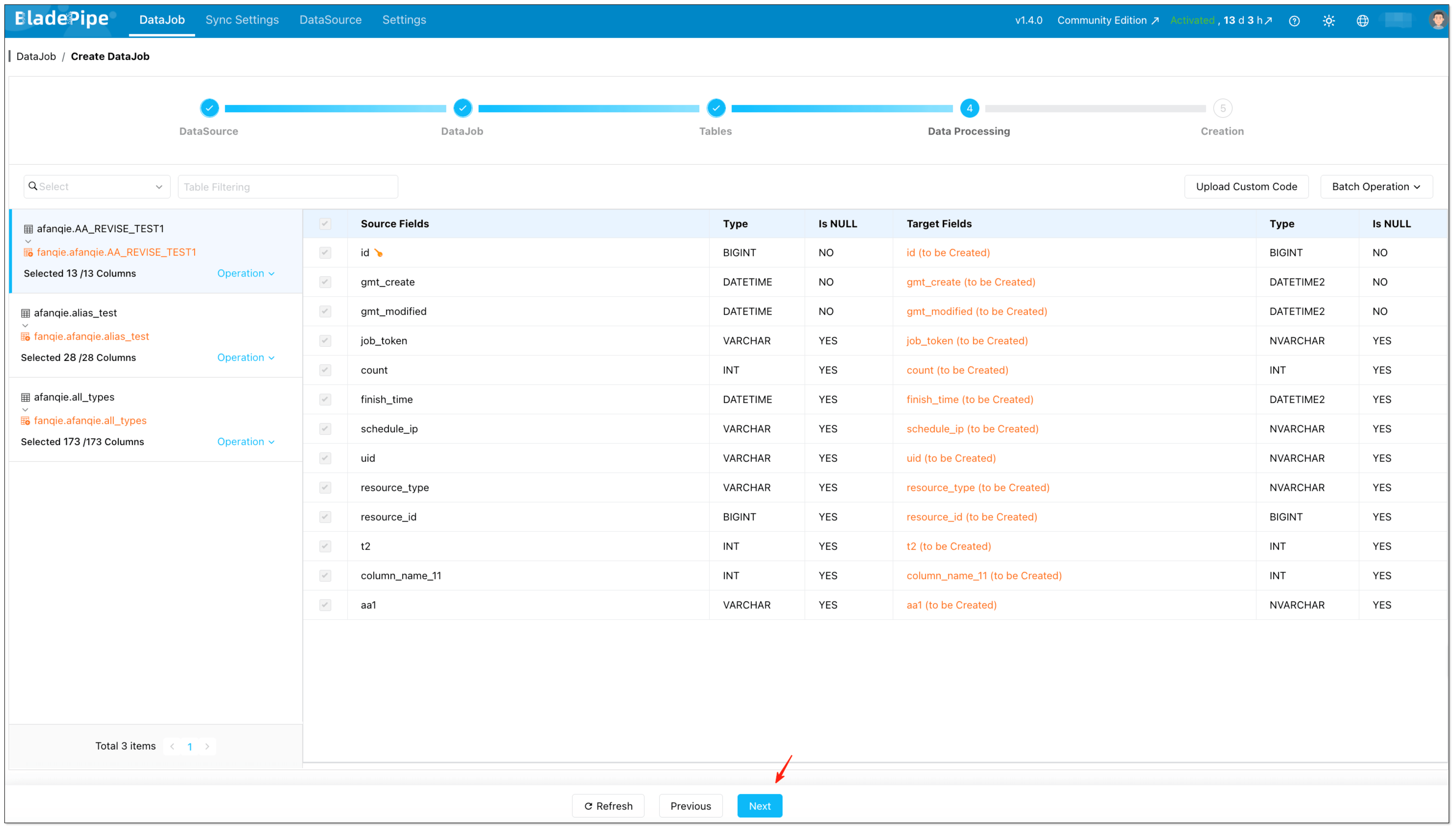 Select the columns to include in the sync job