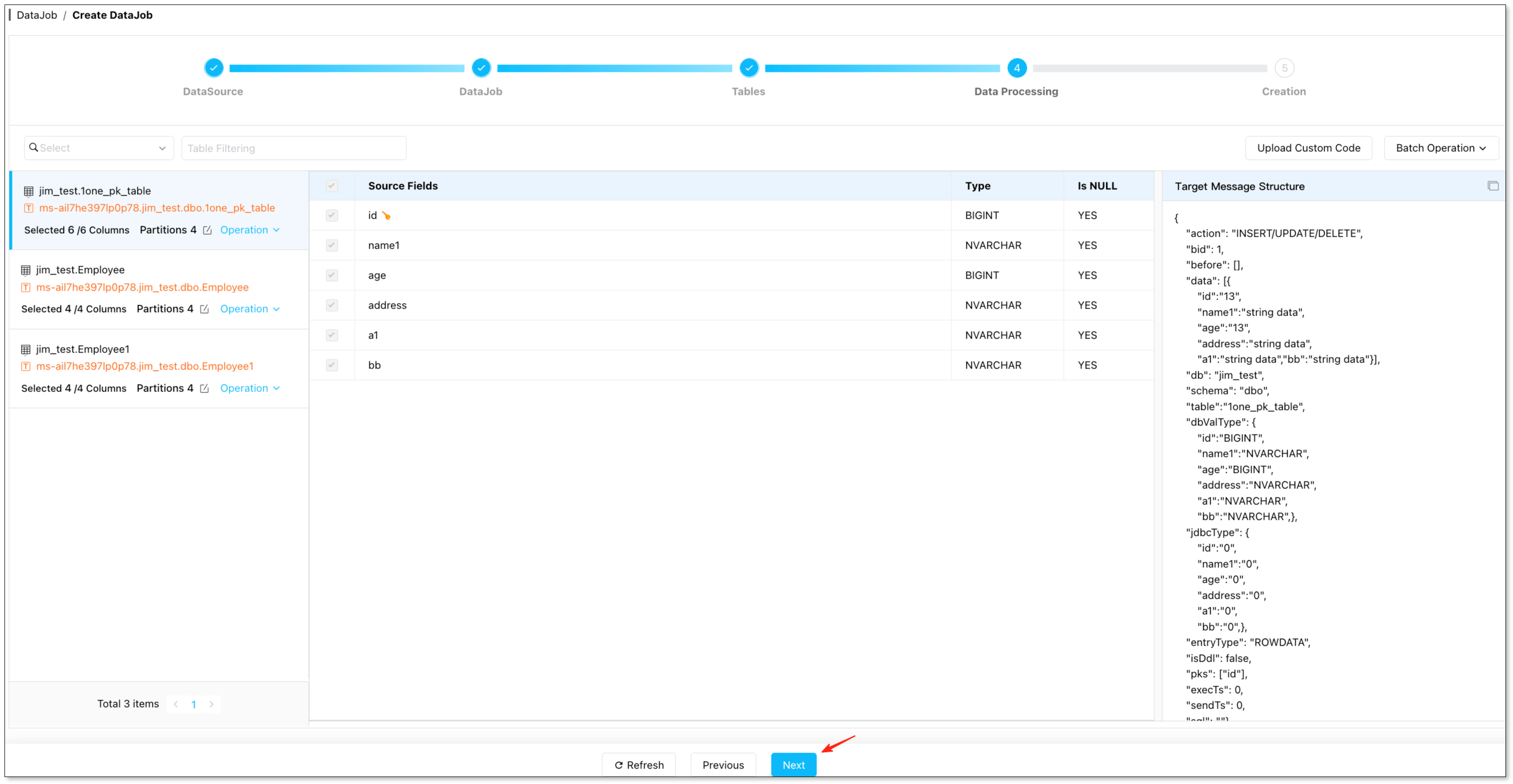 Data processing page: select columns to migrate