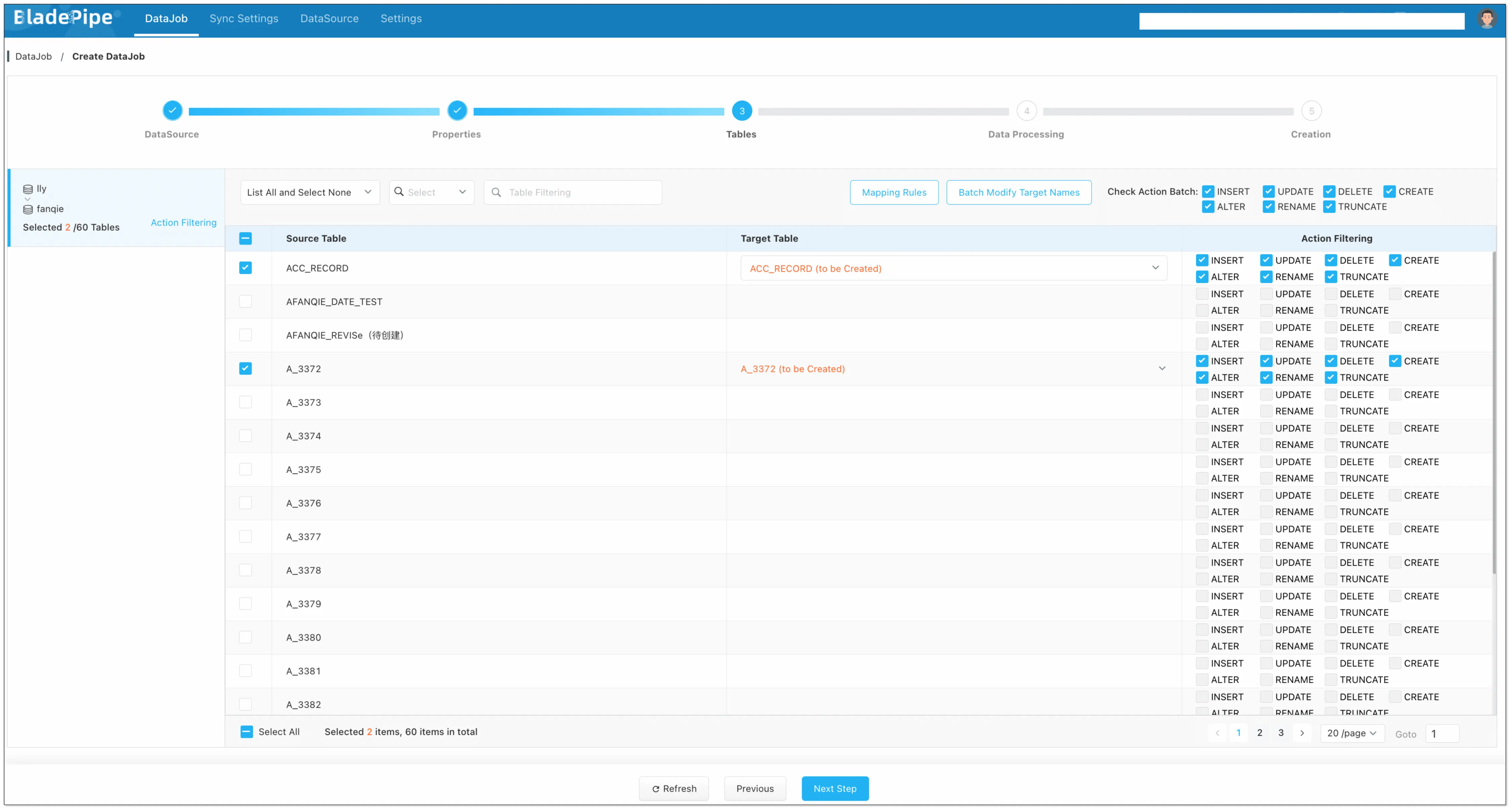 Select tables and columns for SQL Server to Iceberg sync