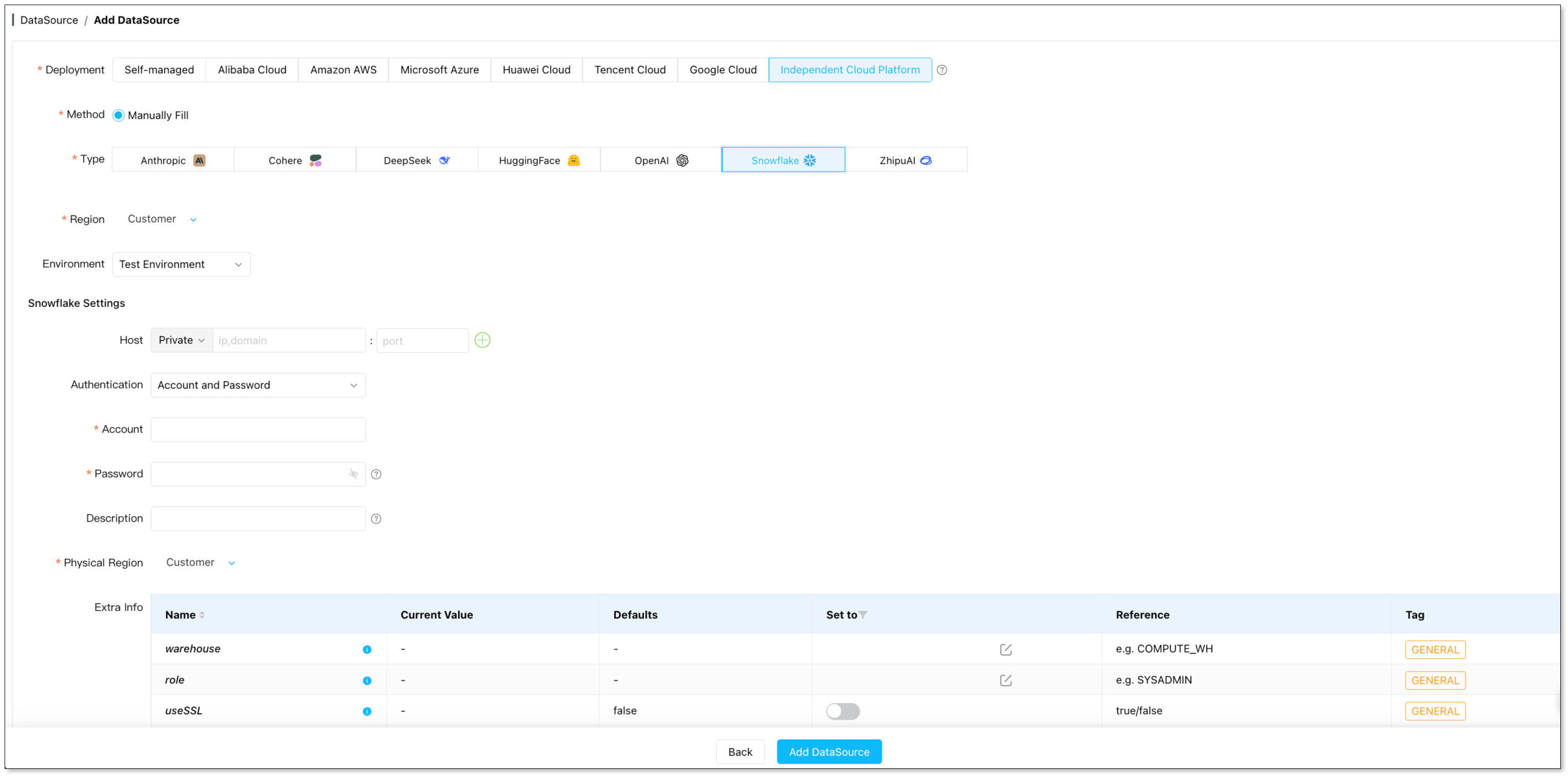BladePipe console: add Snowflake as a DataSource
