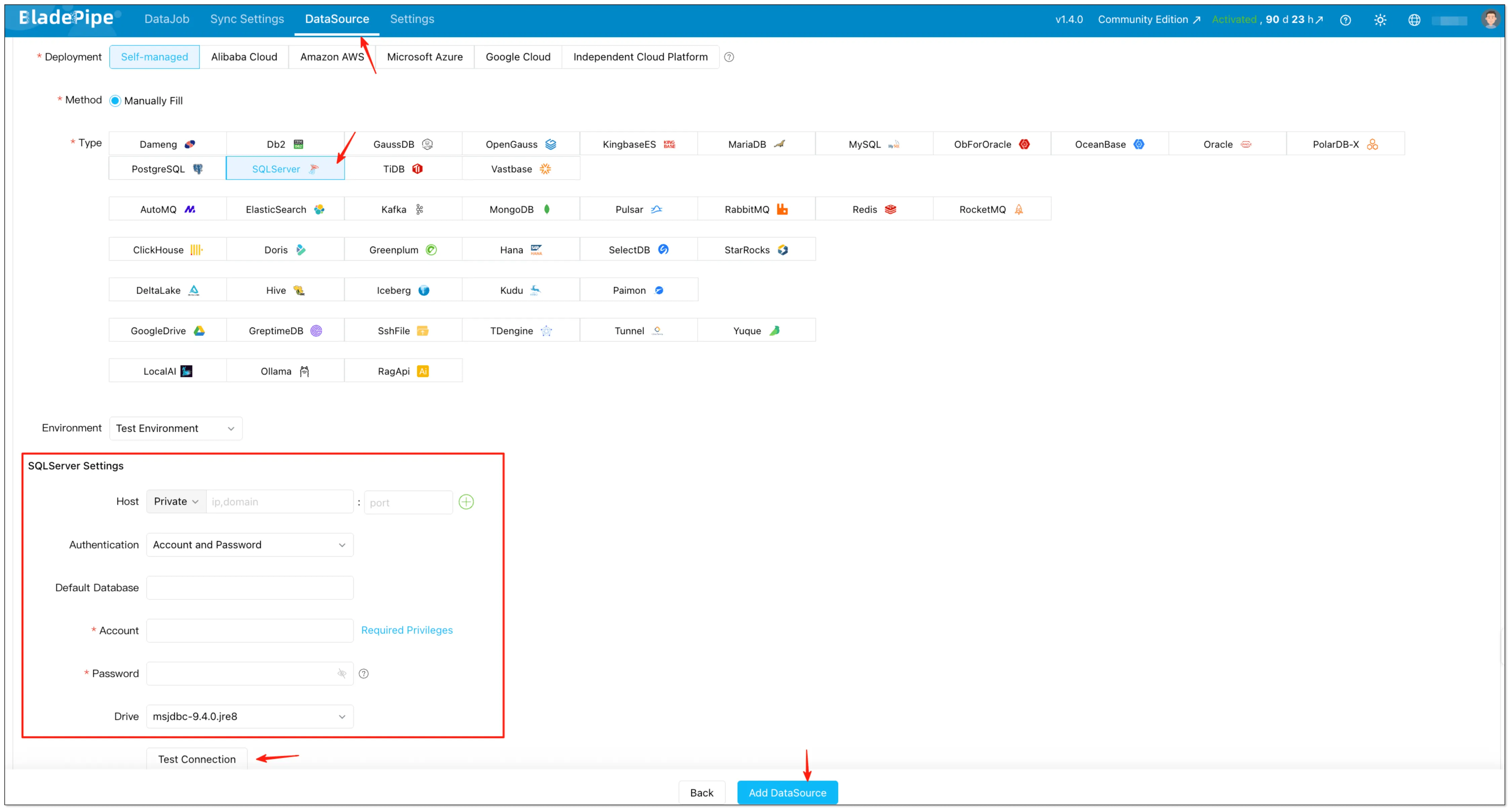 BladePipe UI: add SQL Server as a data source