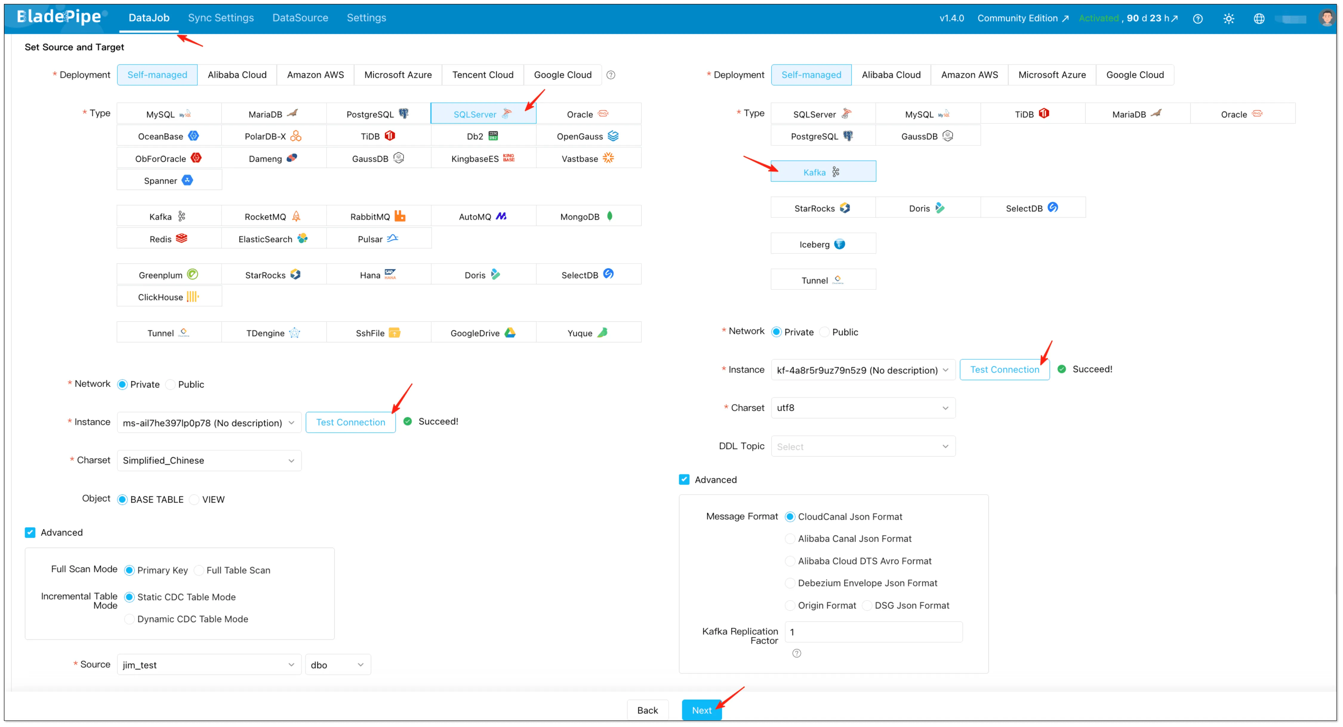 BladePipe UI: create a SQL Server to Kafka DataJob