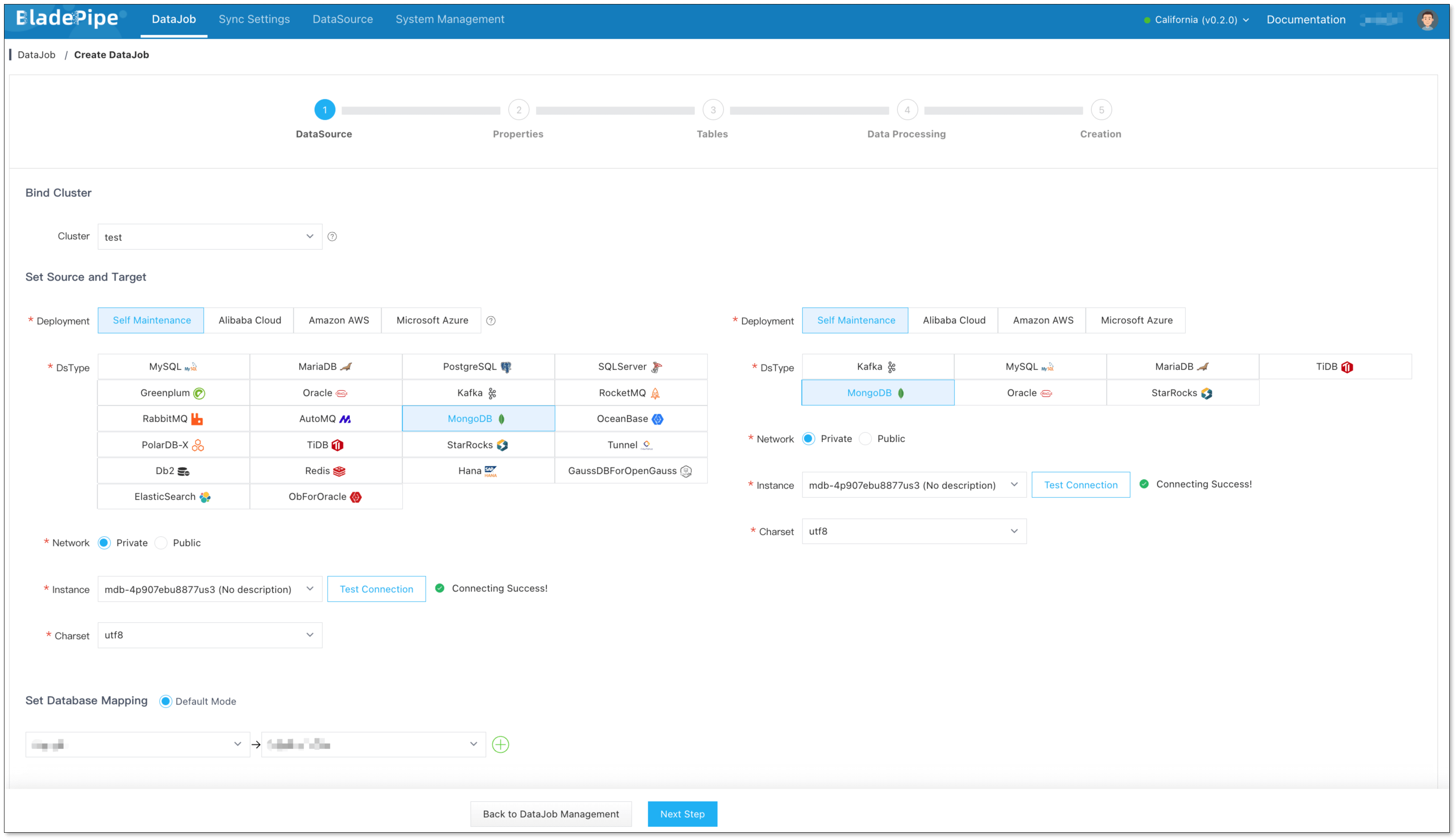 Select MongoDB source and target DataSources