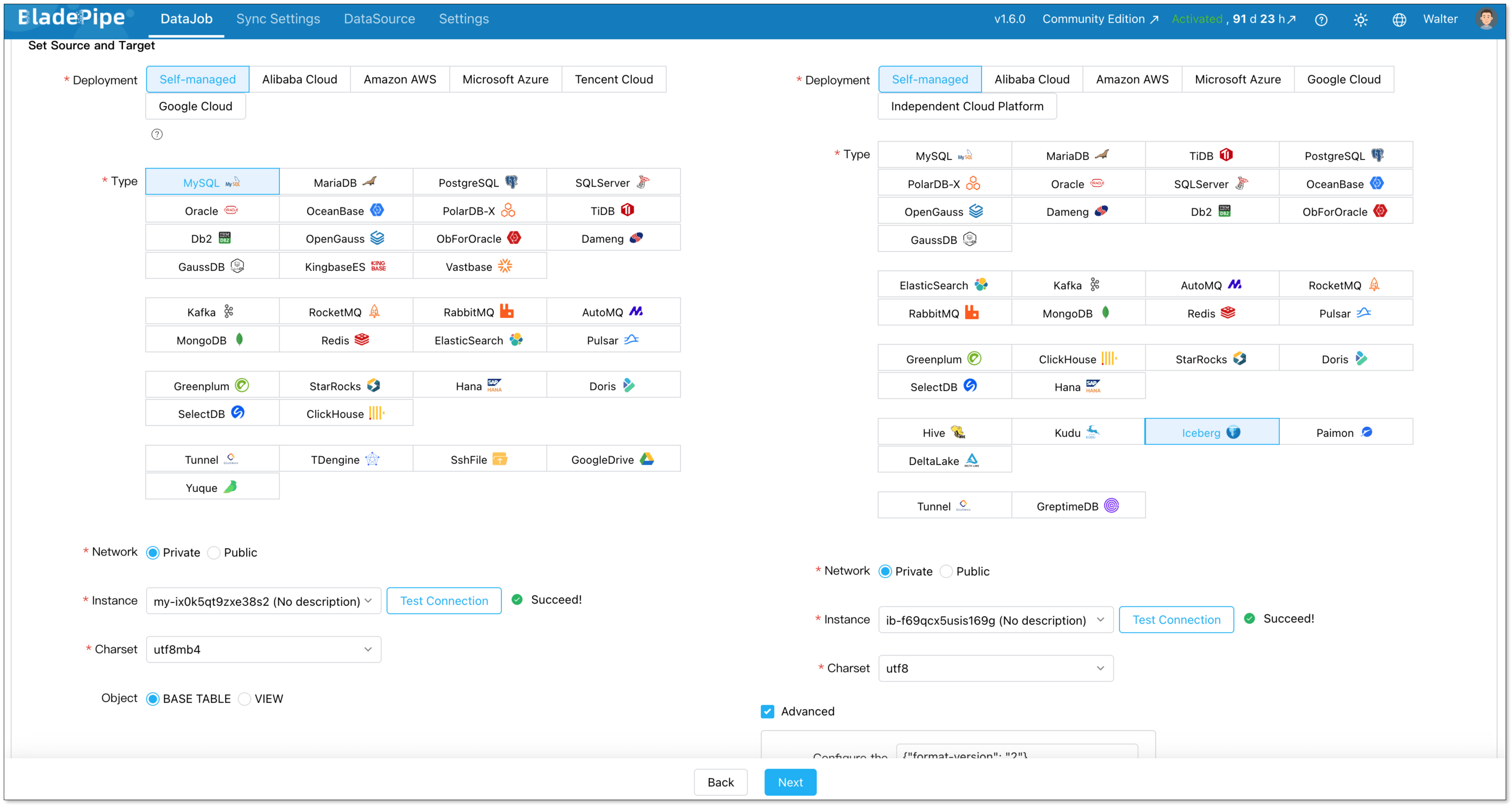 select source and target