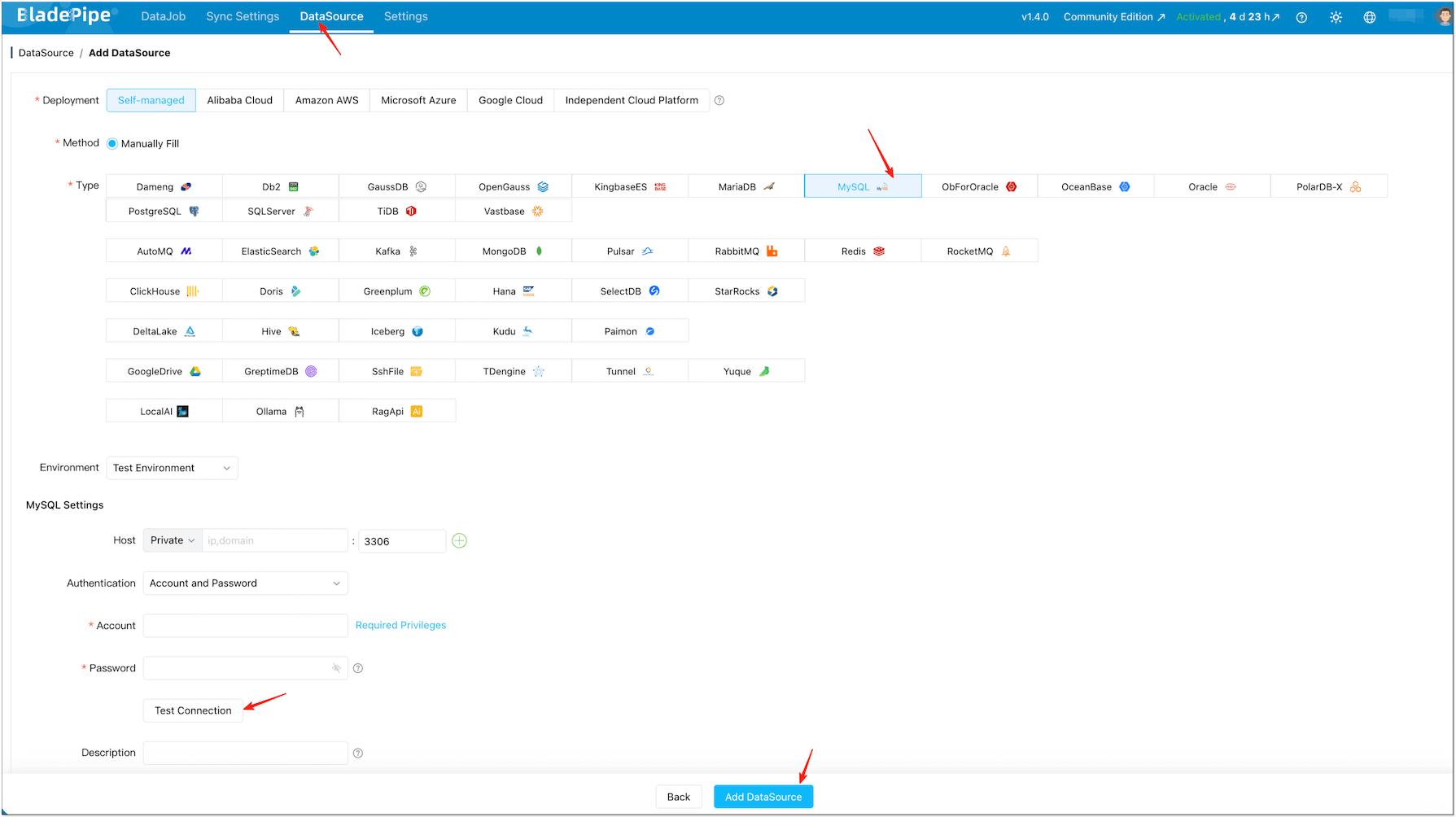 Add a MySQL DataSource in BladePipe