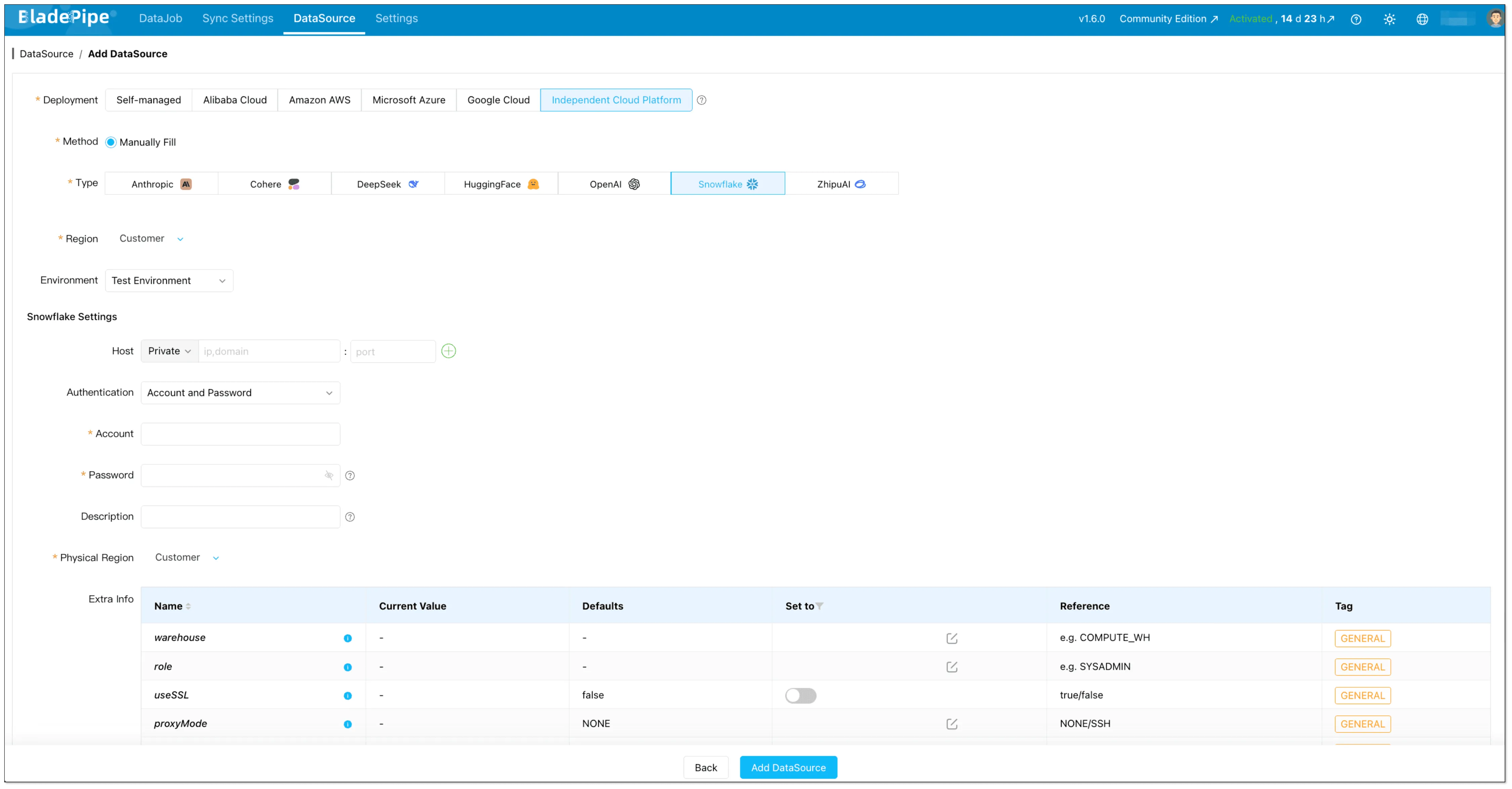add snowflake as data target