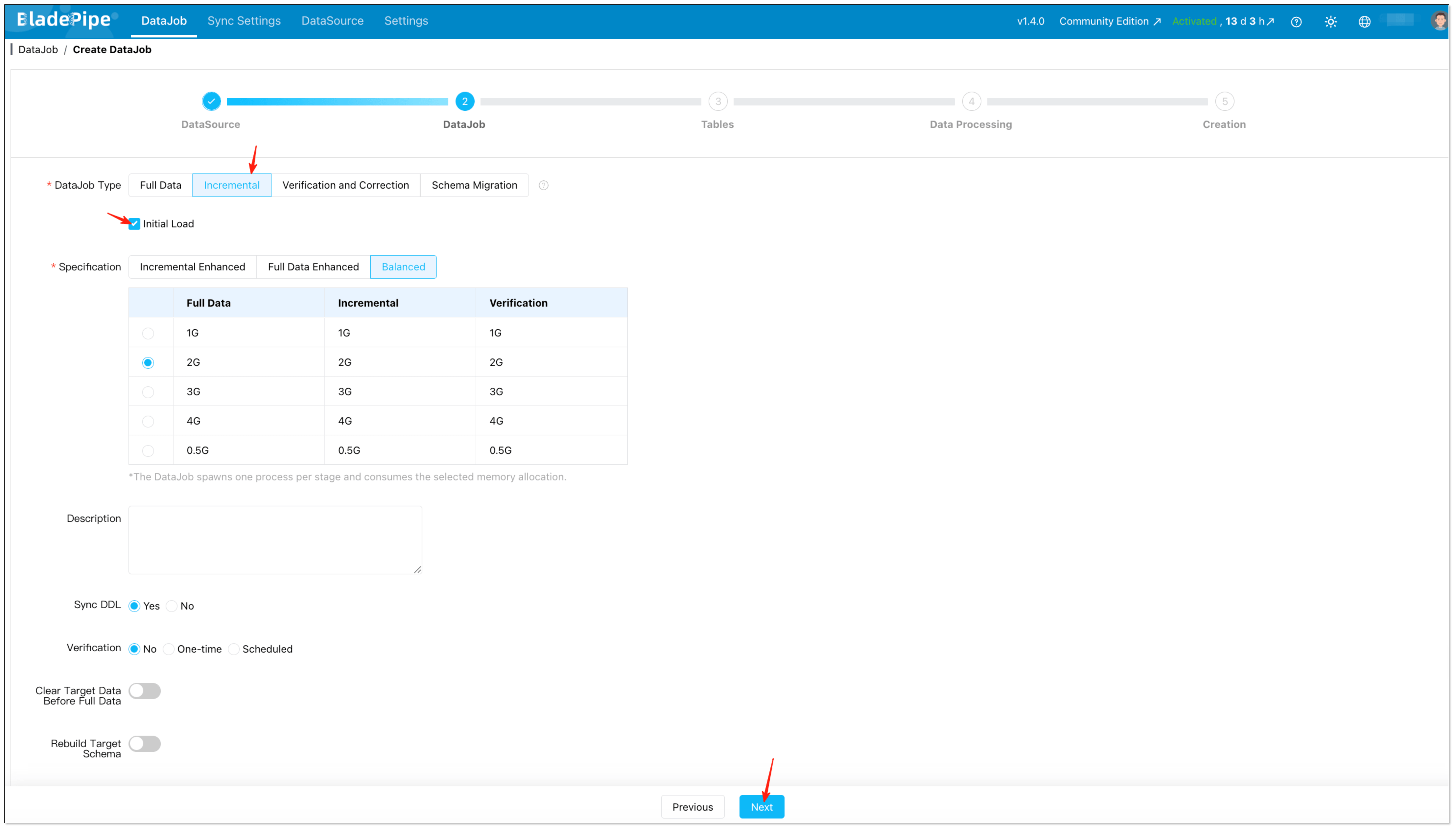 Enable Incremental sync and Initial Load for the DataJob