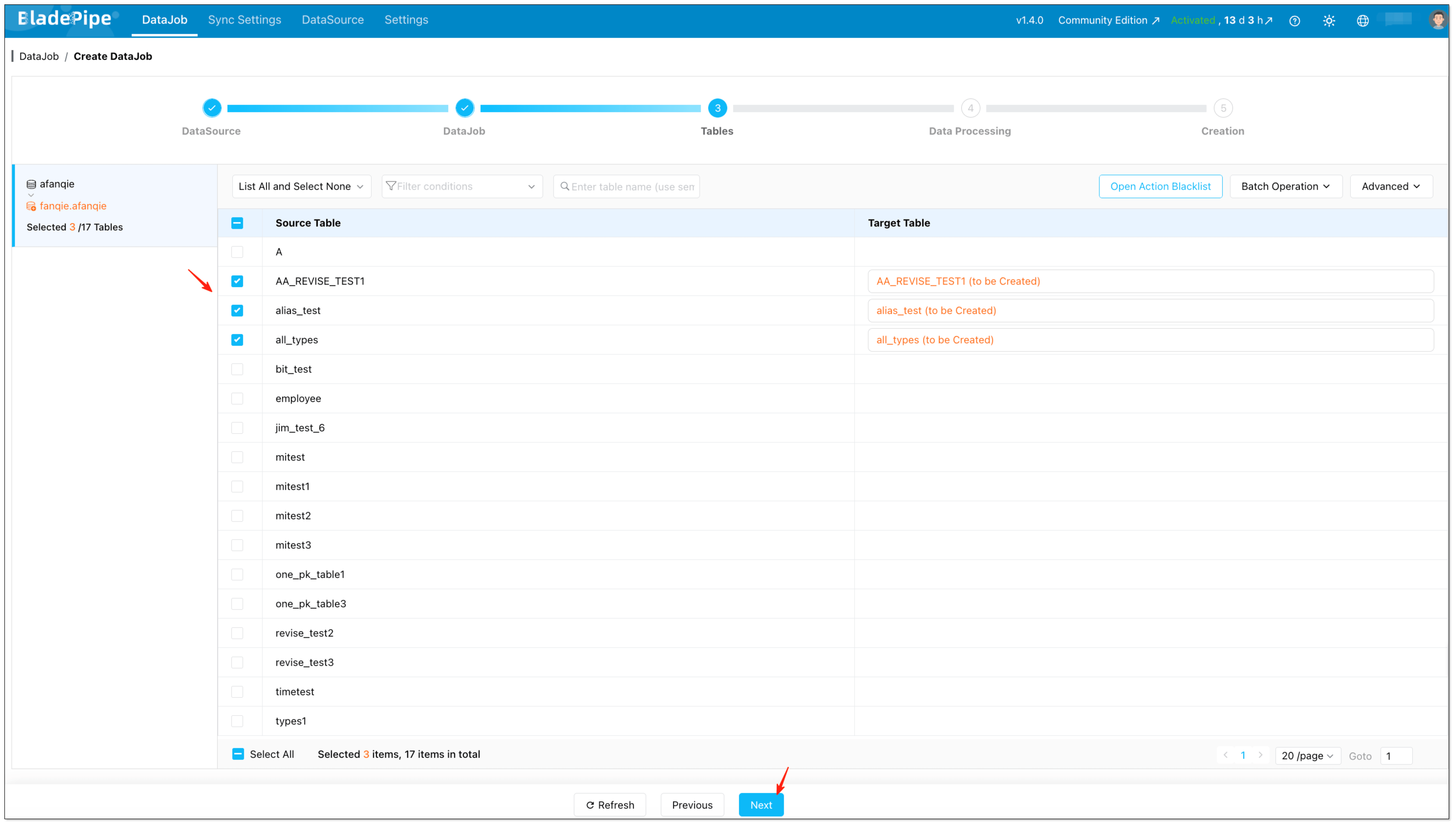 Select the MySQL tables to sync to SQL Server