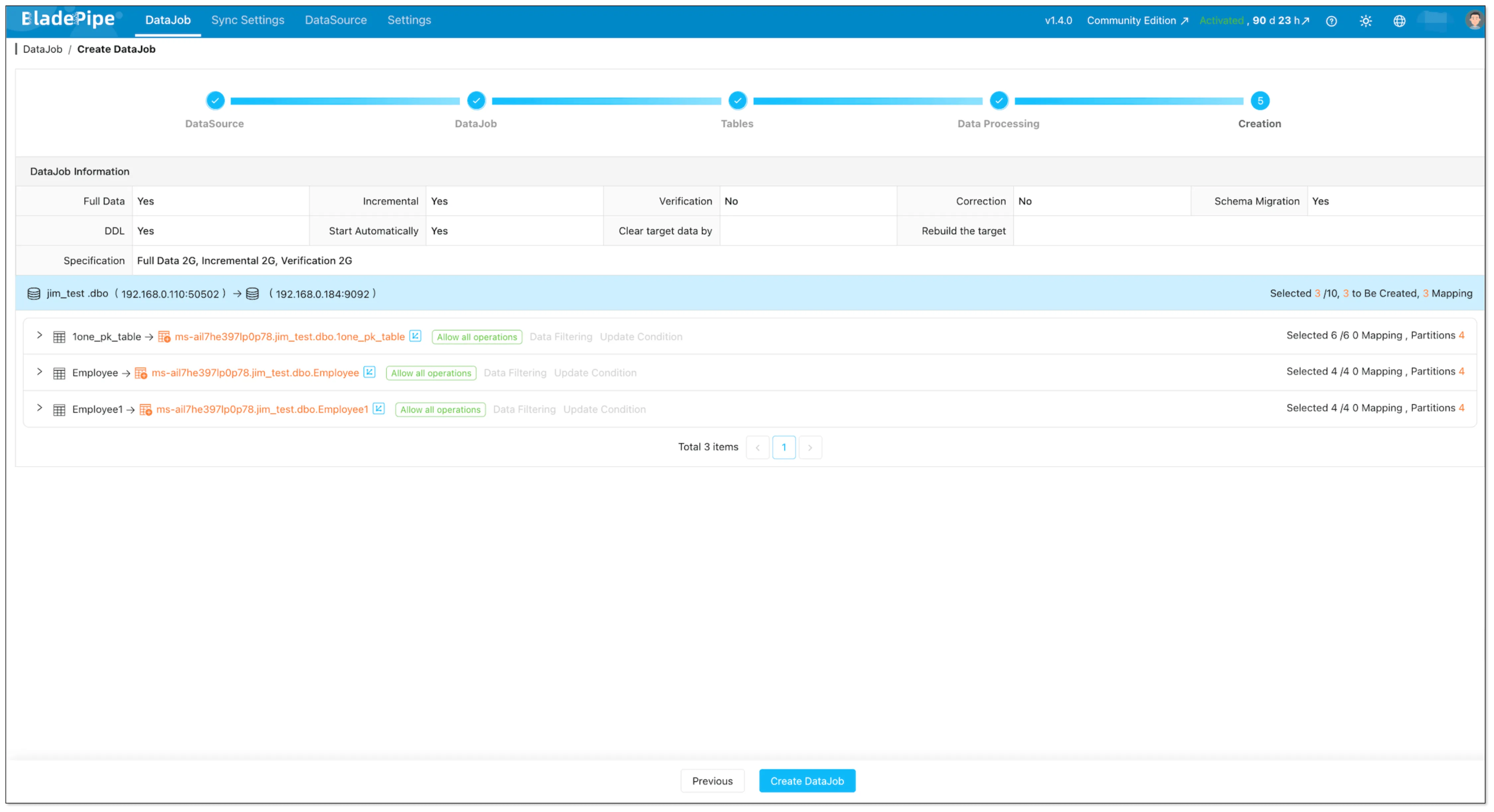 BladePipe UI: confirm configuration and create the DataJob