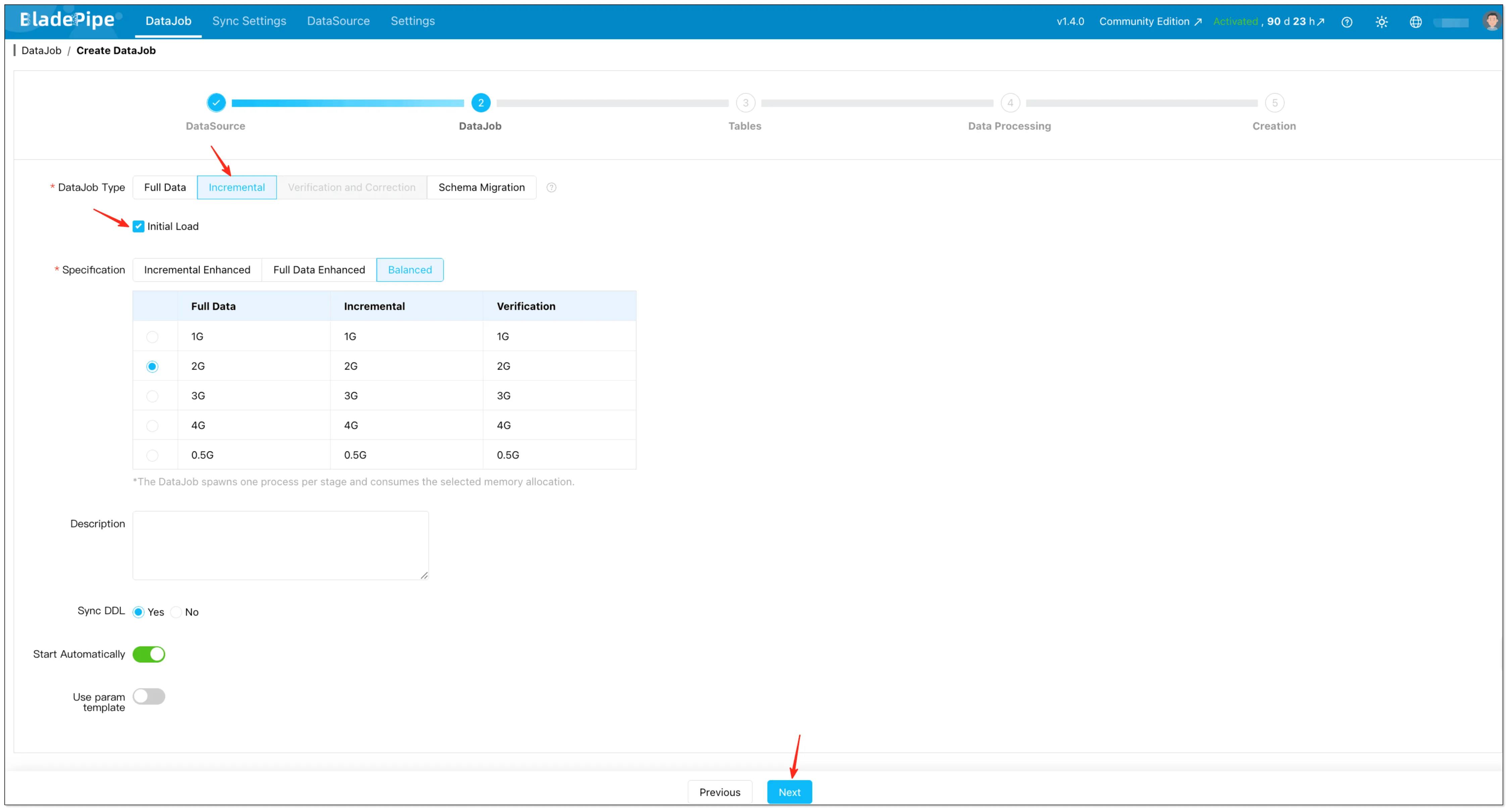 BladePipe UI: select Incremental with Initial Load