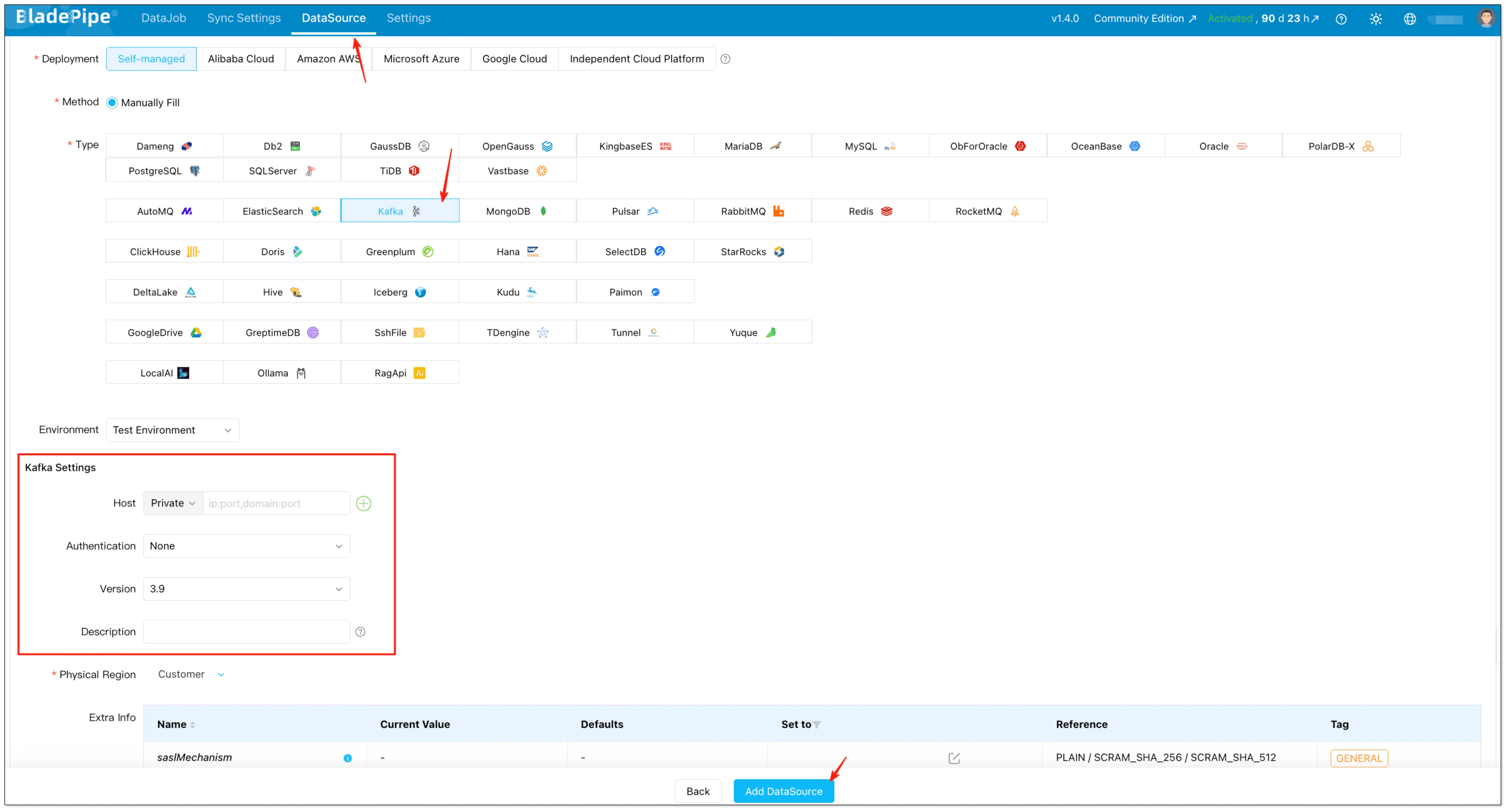 BladePipe UI: add Kafka as a data source