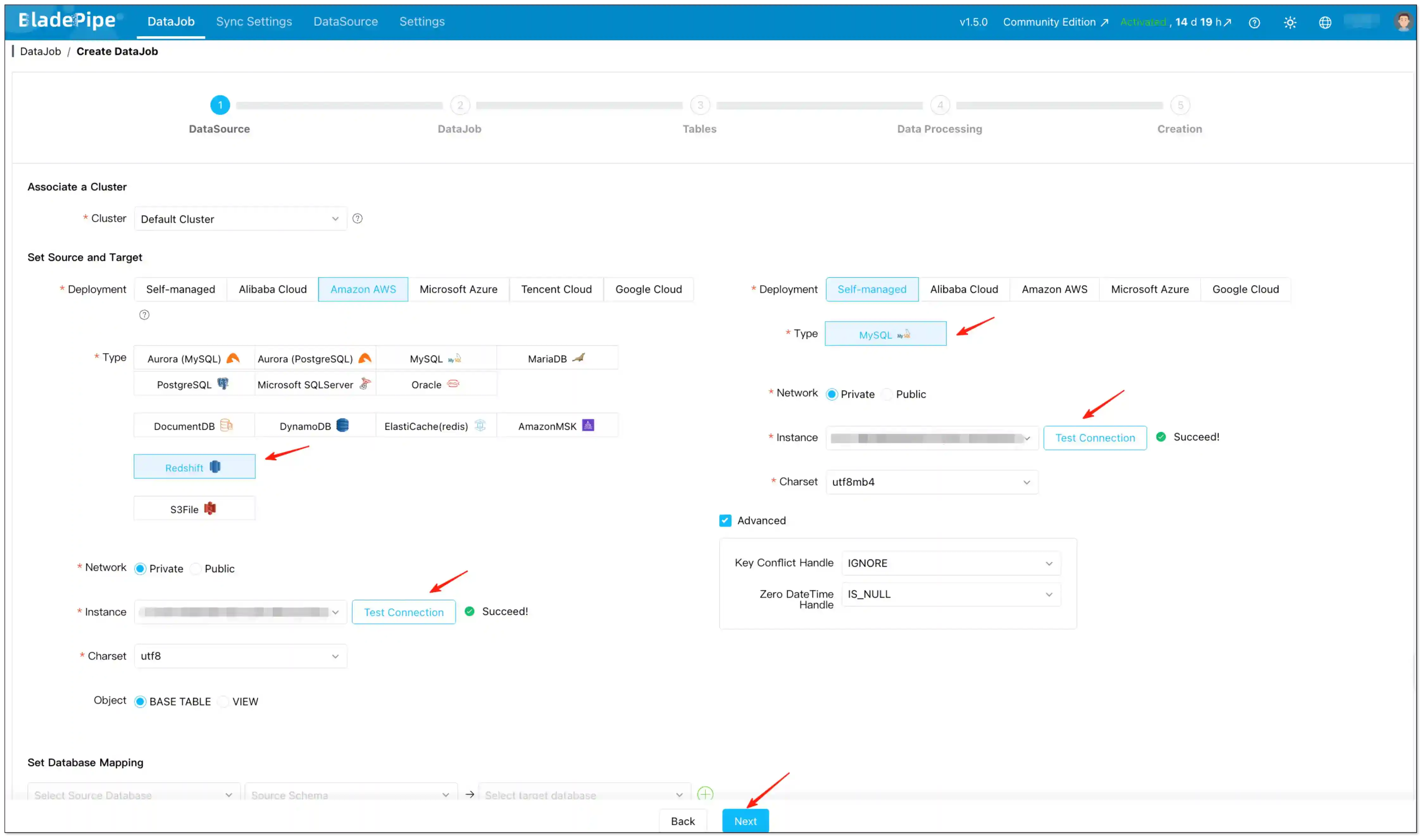 Create a Redshift to MySQL DataJob in BladePipe