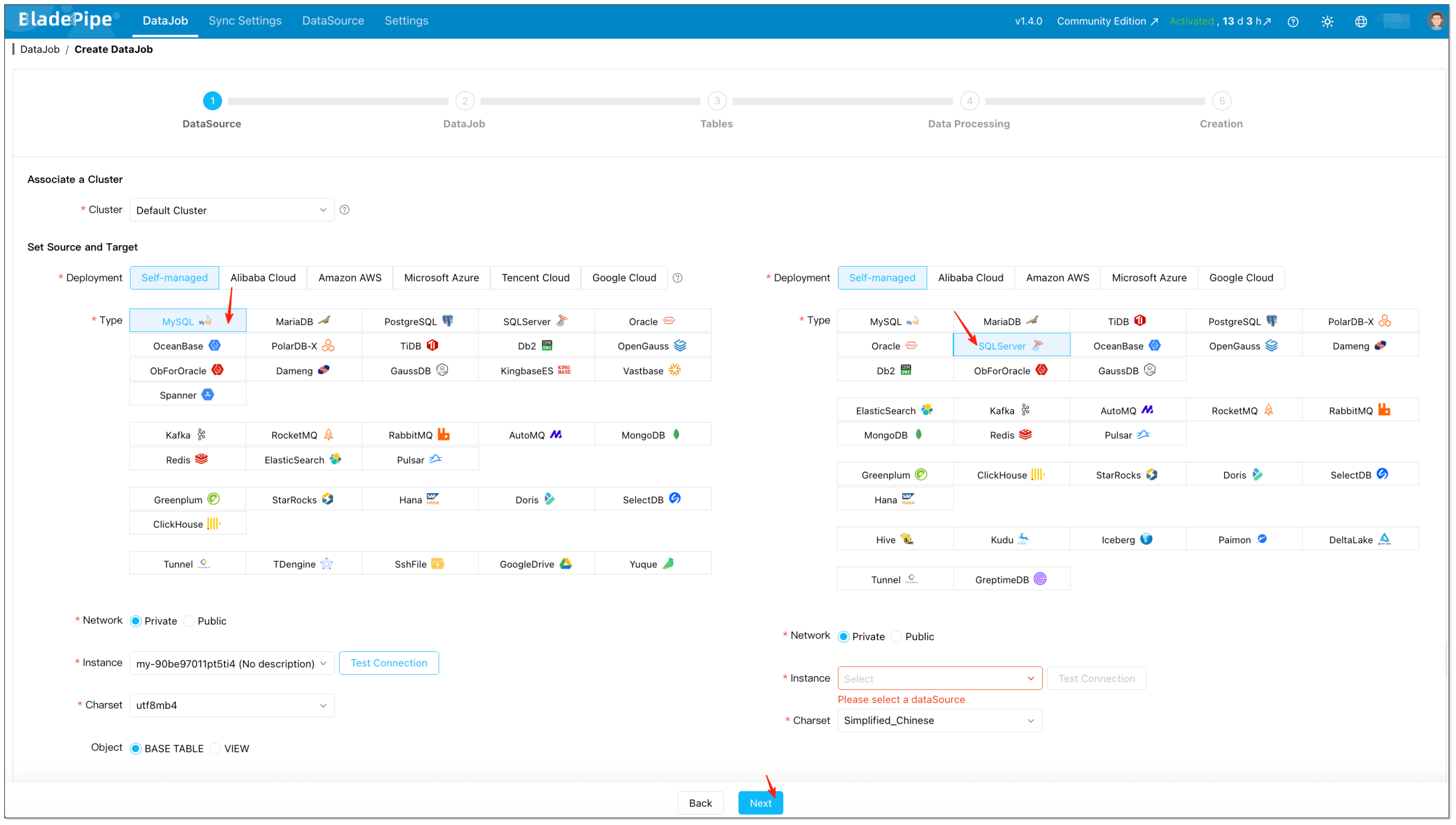 Select MySQL as the source and SQL Server as the target