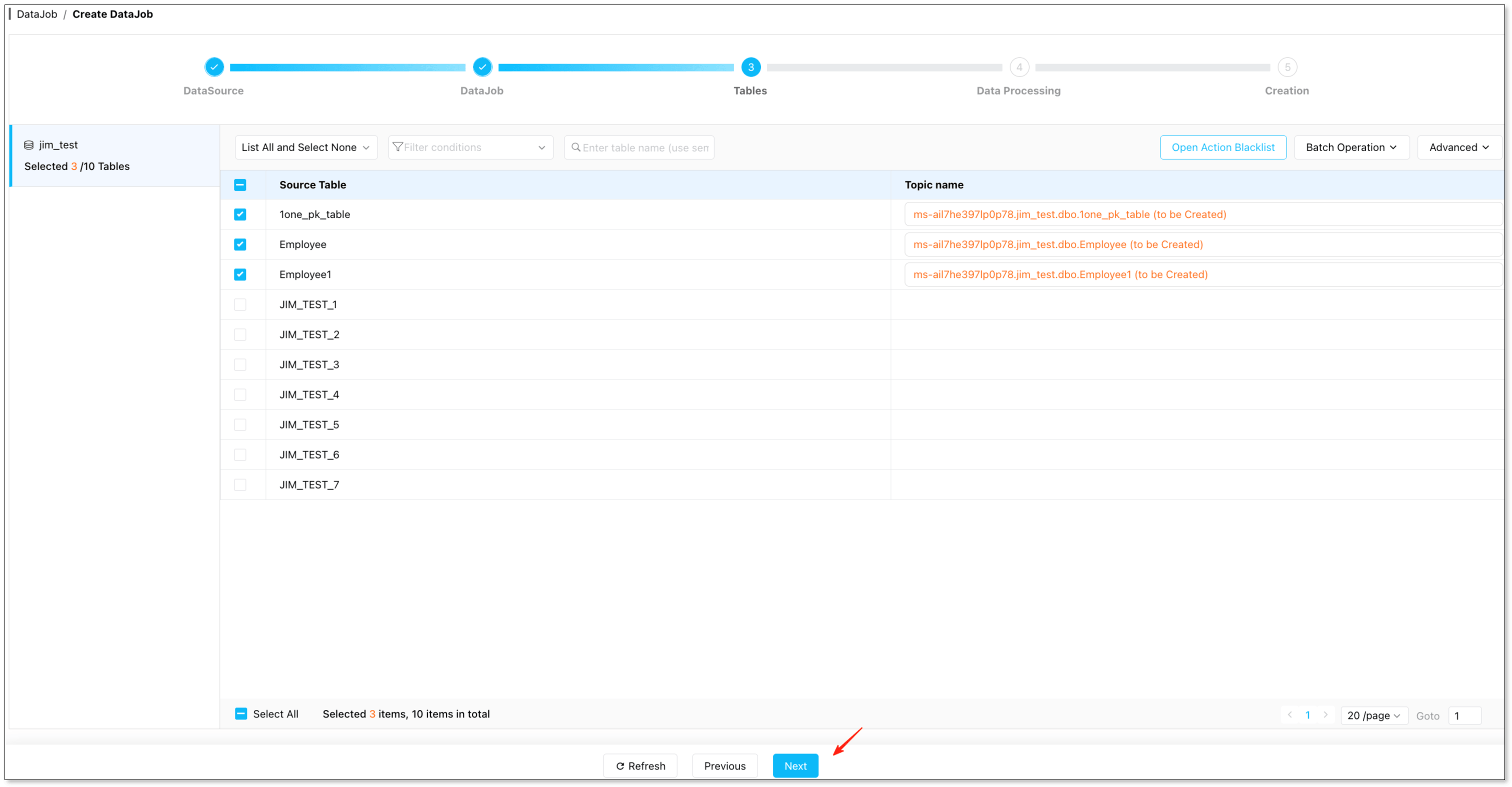 Tables selection page: choose tables to migrate