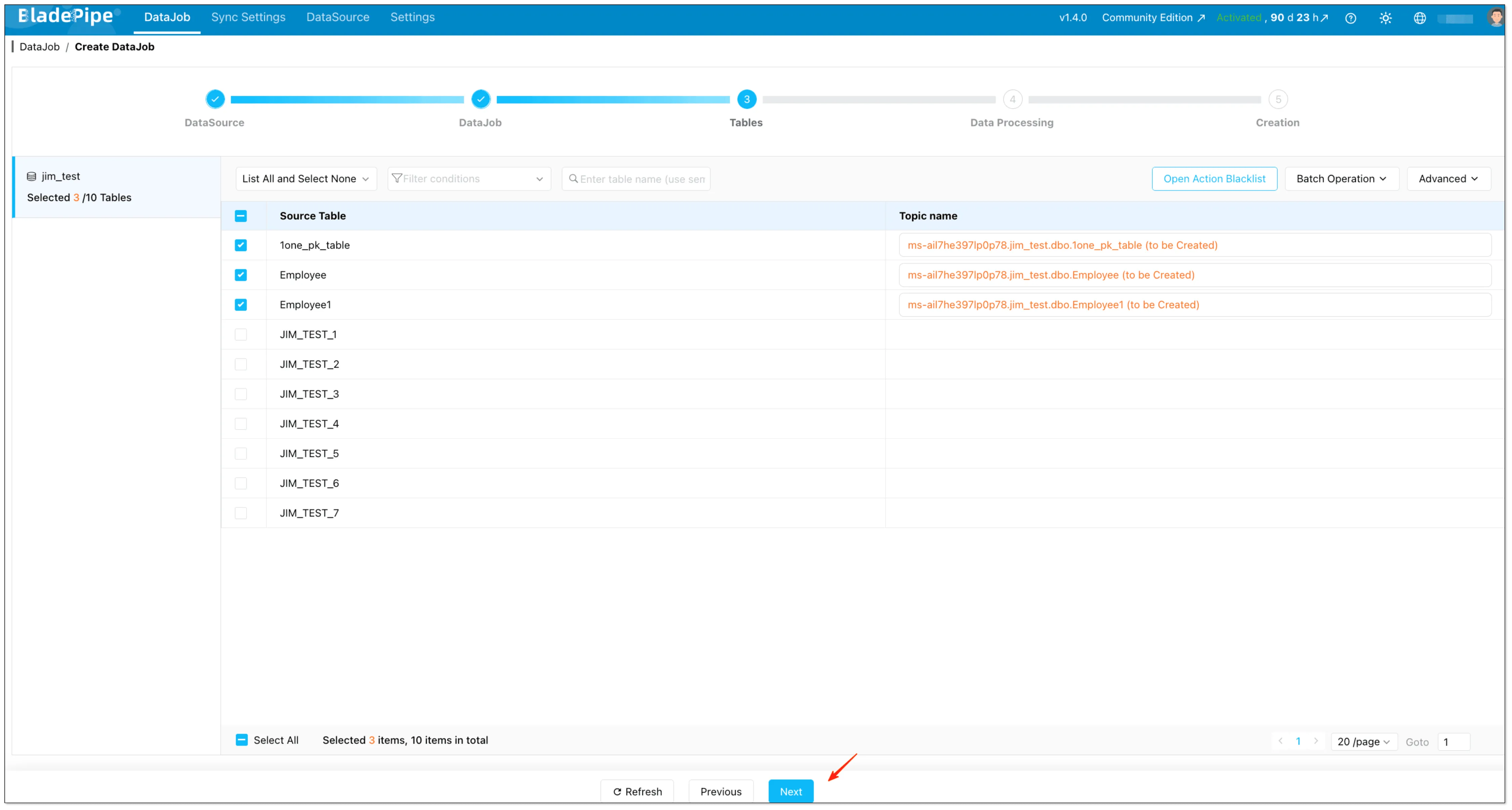 BladePipe UI: select SQL Server tables for CDC