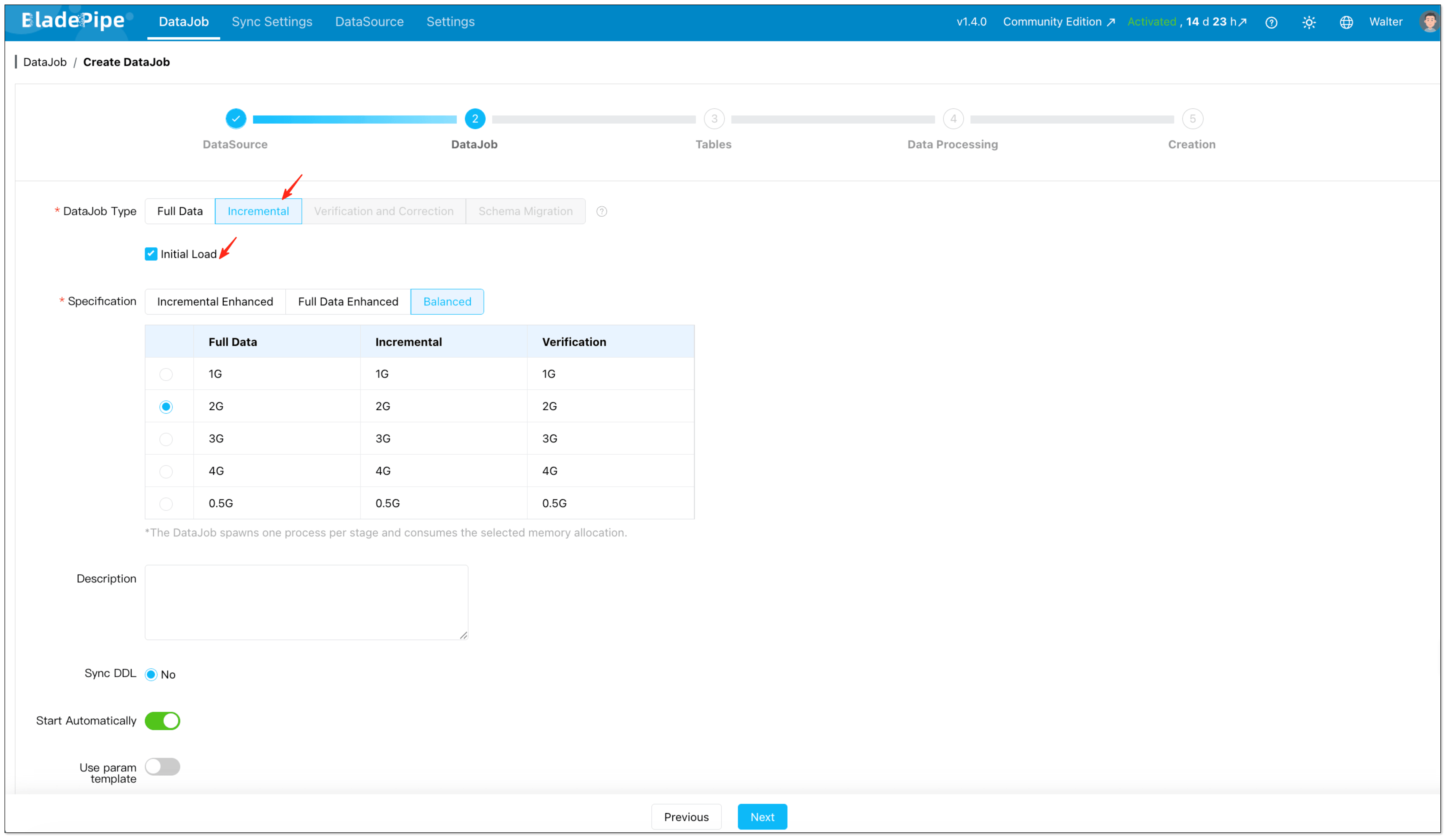 select full and incremental type